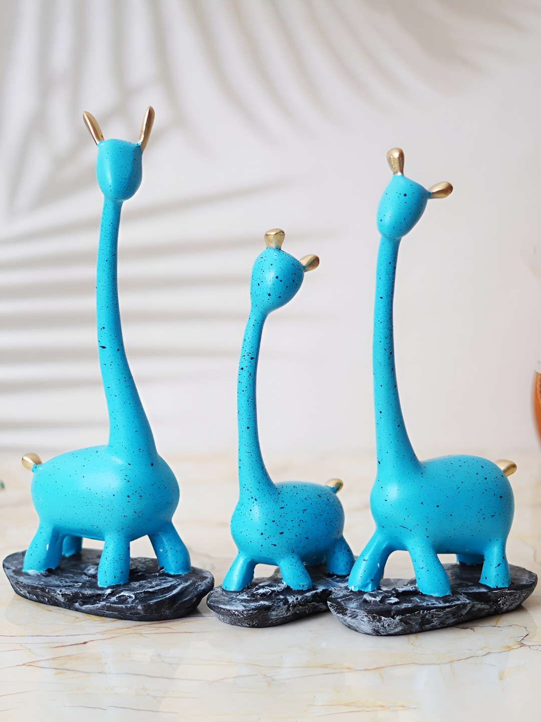 eCraftIndia Cute Giraffe Blue Polyresin Glossy Living Room Set of 3 Medium Showpieces - 11.4 Inches