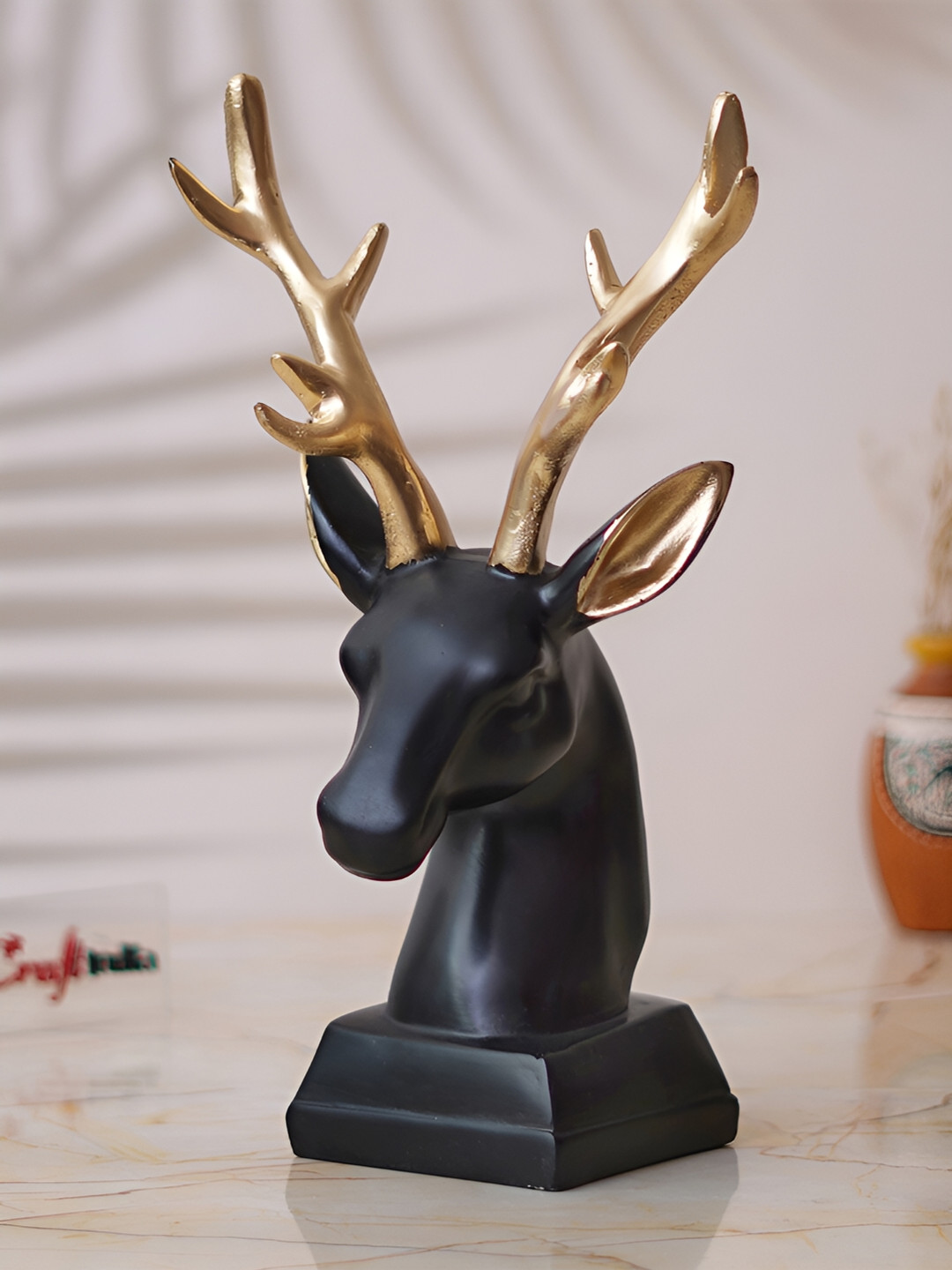 eCraftIndia Reindeer Head Black Polyresin Natural Living Room Medium Showpiece - 10.8 Inches