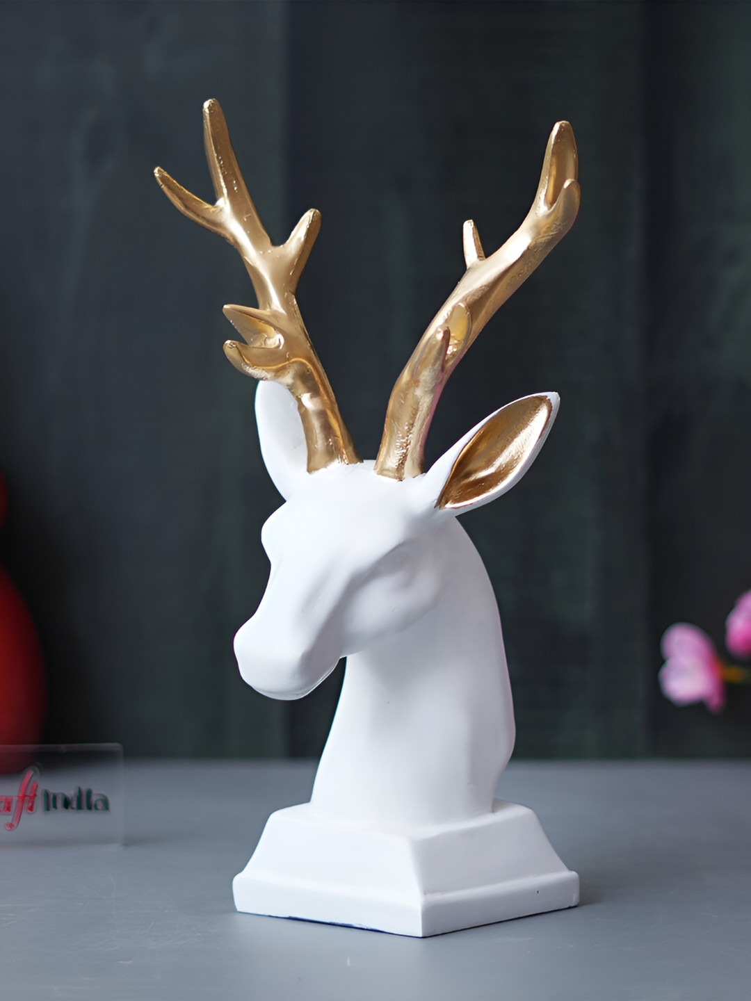 eCraftIndia Reindeer Head White Polyresin Natural Living Room Medium Showpiece - 10.6 Inches