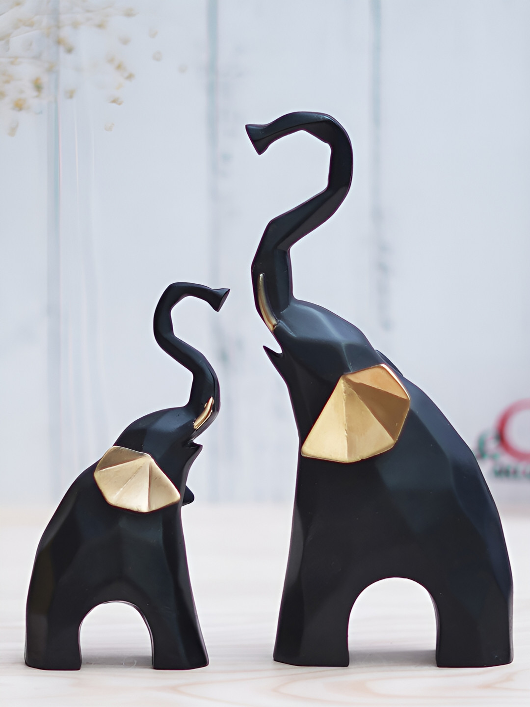 eCraftIndia Elephant Black Polyresin Natural Living Room Set of 2 Small Showpieces - 7.9 Inches
