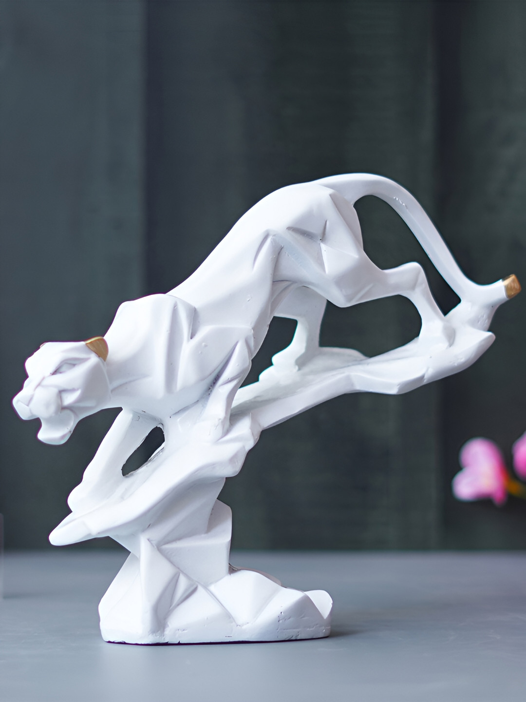 eCraftIndia Panther on Rock White Polyresin Glossy Living Room Small Showpiece - 7.5 Inches