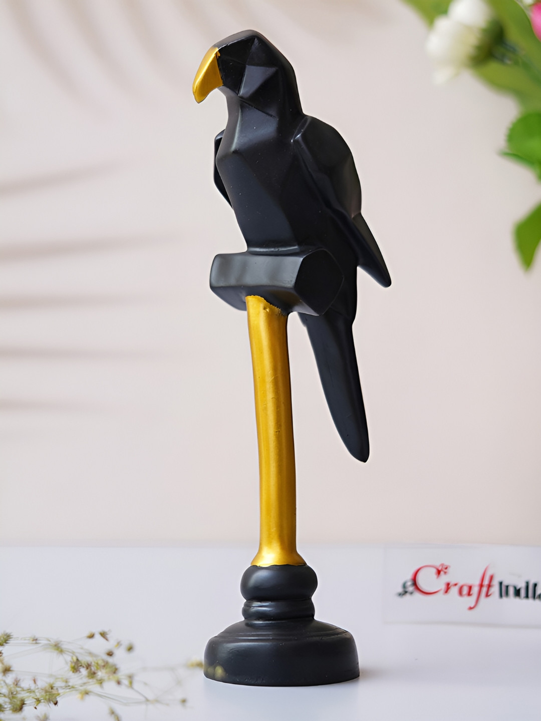 eCraftIndia Parrot Black Polyresin Natural Living Room Medium Showpiece - 2.6 Inches