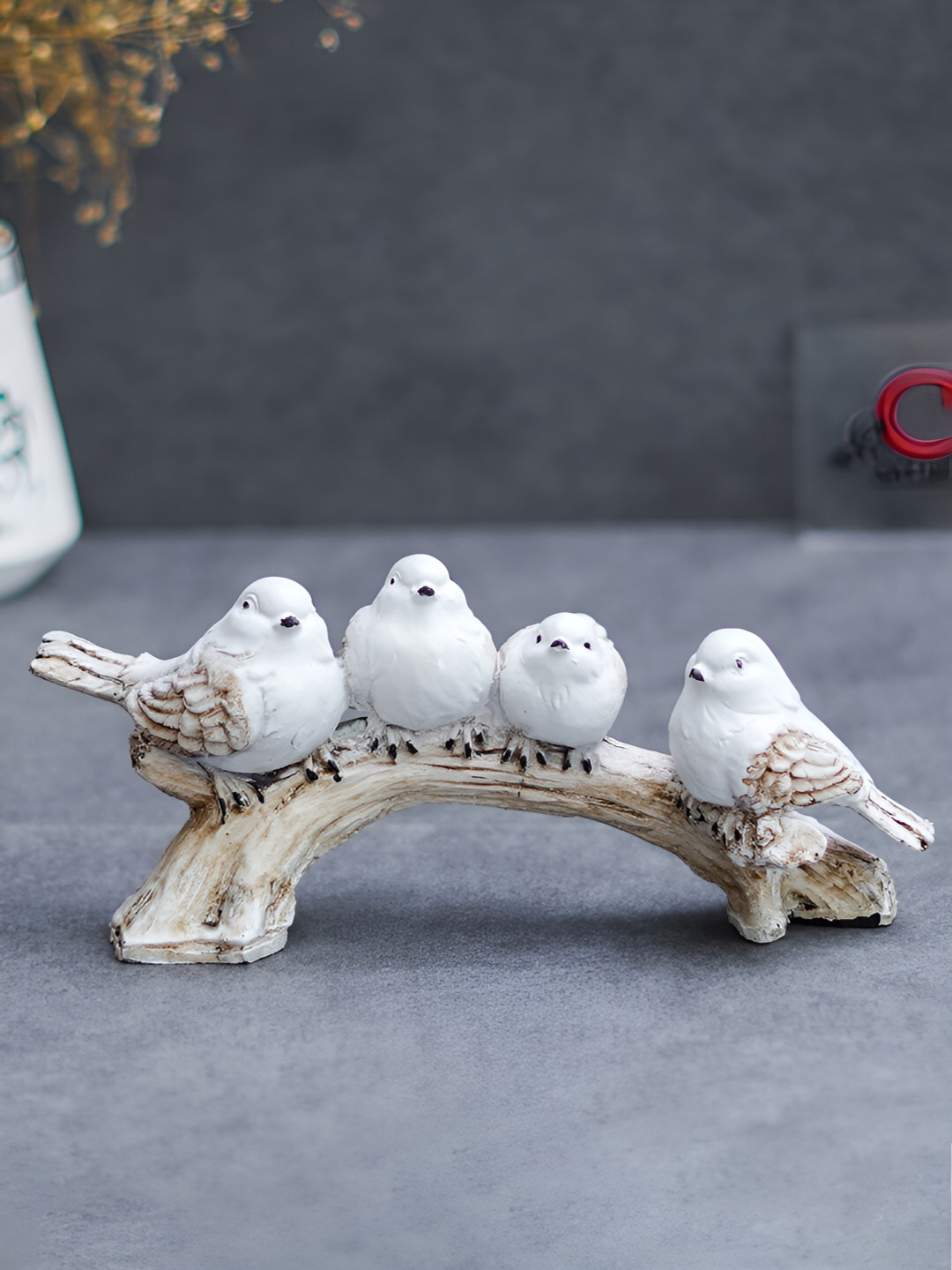 eCraftIndia Bird Sitting on Tree Branch White Polyresin Glossy Living Room Tiny Showpiece - 3.9 Inches