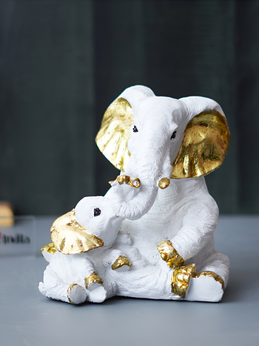 eCraftIndia Elephant Family Mom and Baby White Polyresin Matte Prayer Room Small Showpiece - 5.9 Inches