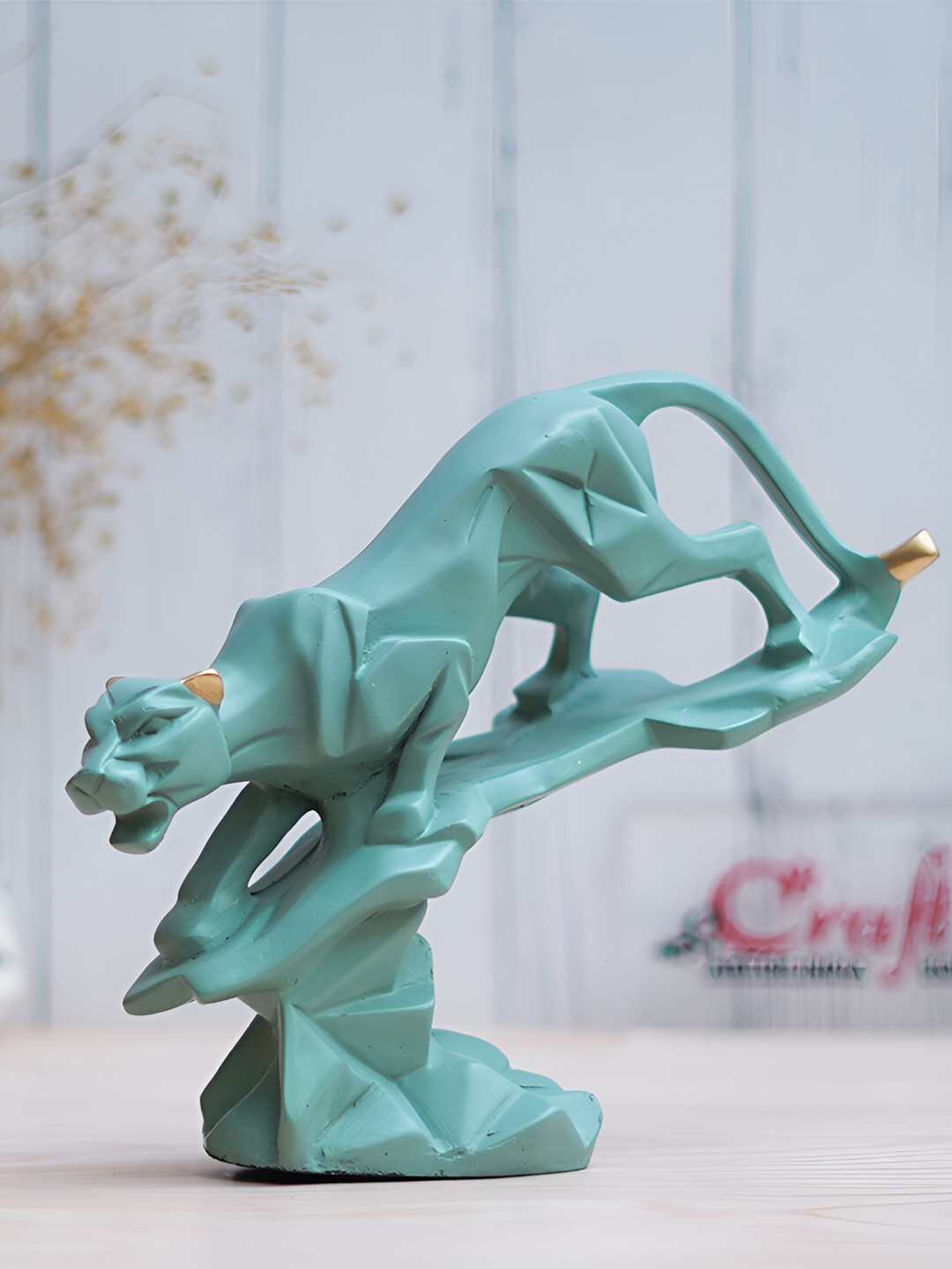 eCraftIndia Panther Jaguar on Rock Green Polyresin Glossy Living Room Small Showpiece - 7.5 Inches