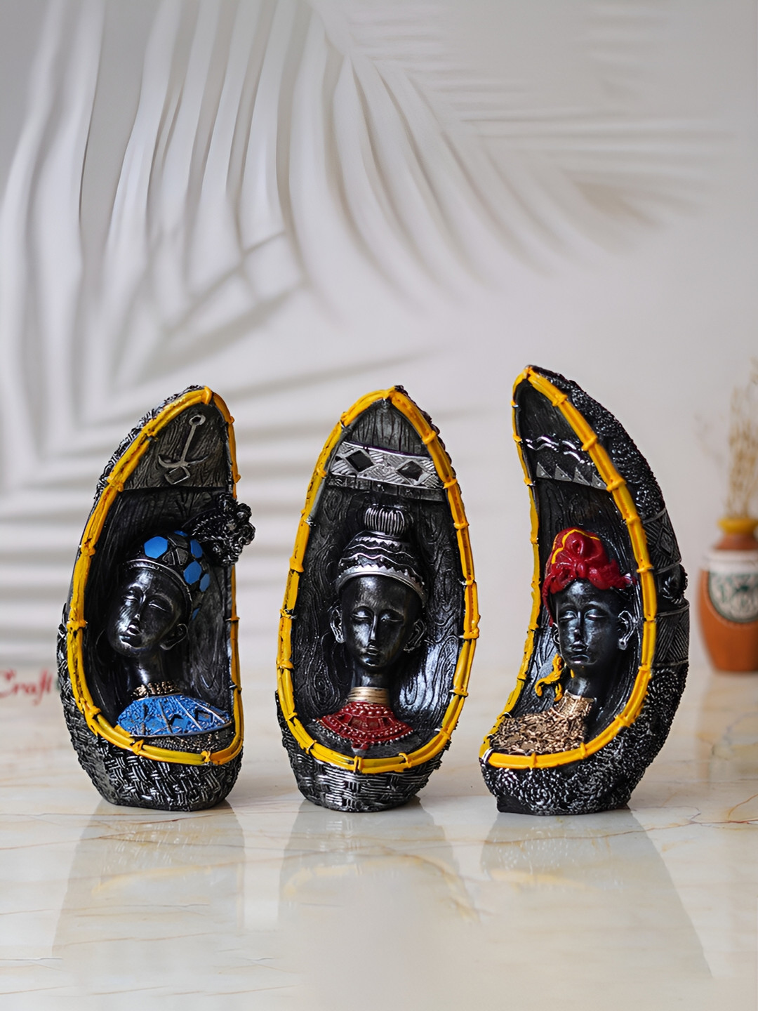 eCraftIndia African Women Black Polyresin Glossy Living Room Set of 3 Medium Showpieces - 3.9 Inches