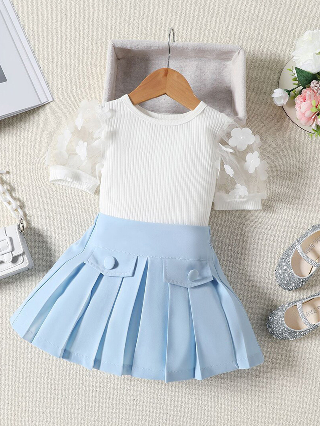 INCLUD Girls Self Design Top With Skirt
