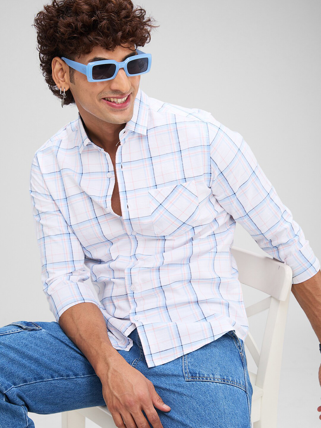 VASTRADO Slim Fit Windowpane Checked Spread Collar Pure Cotton Casual Shirt