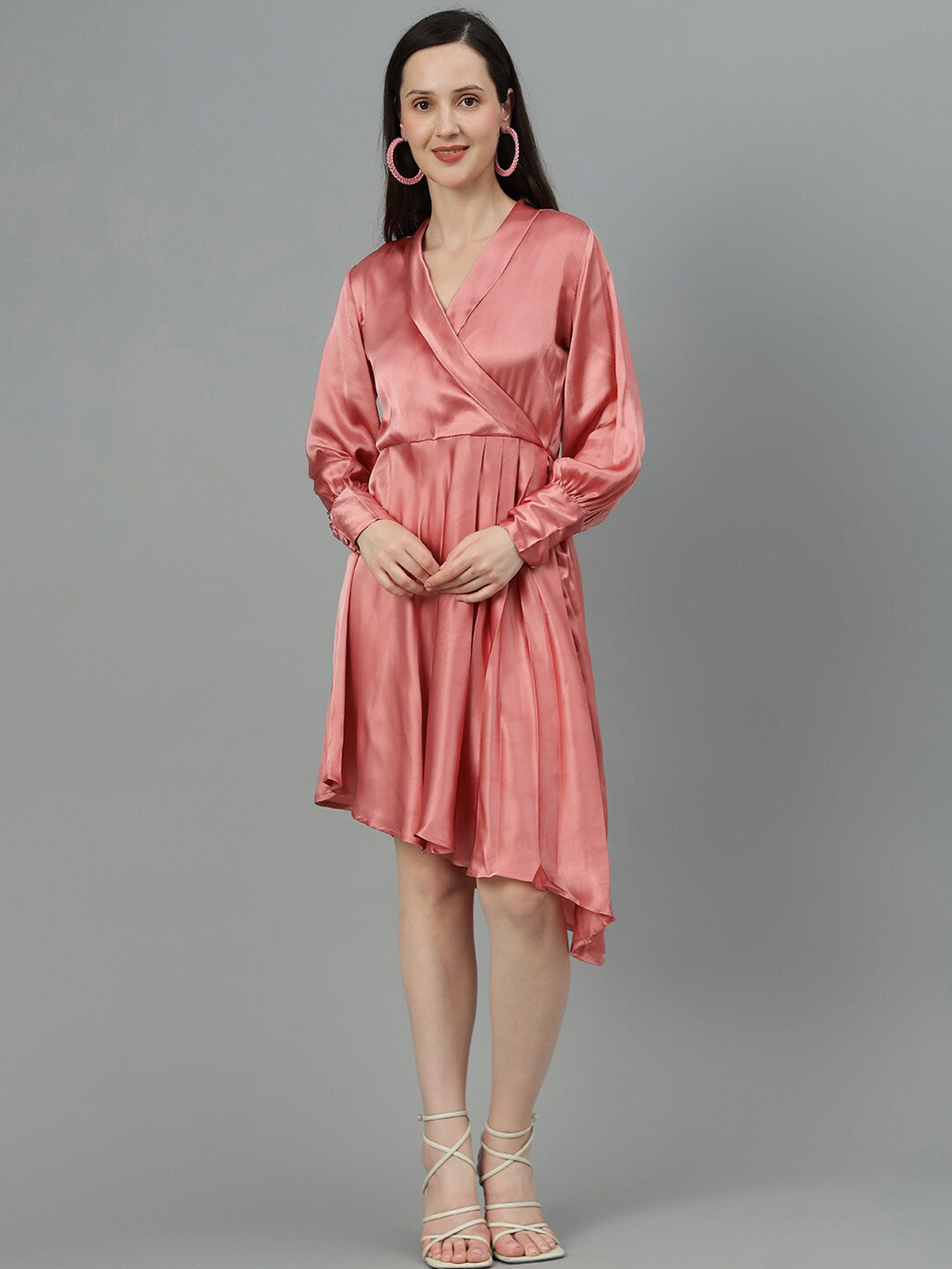 Kotty Pink V Neck Cuffed Sleeves Satin Pleated Fit & Flare Dress