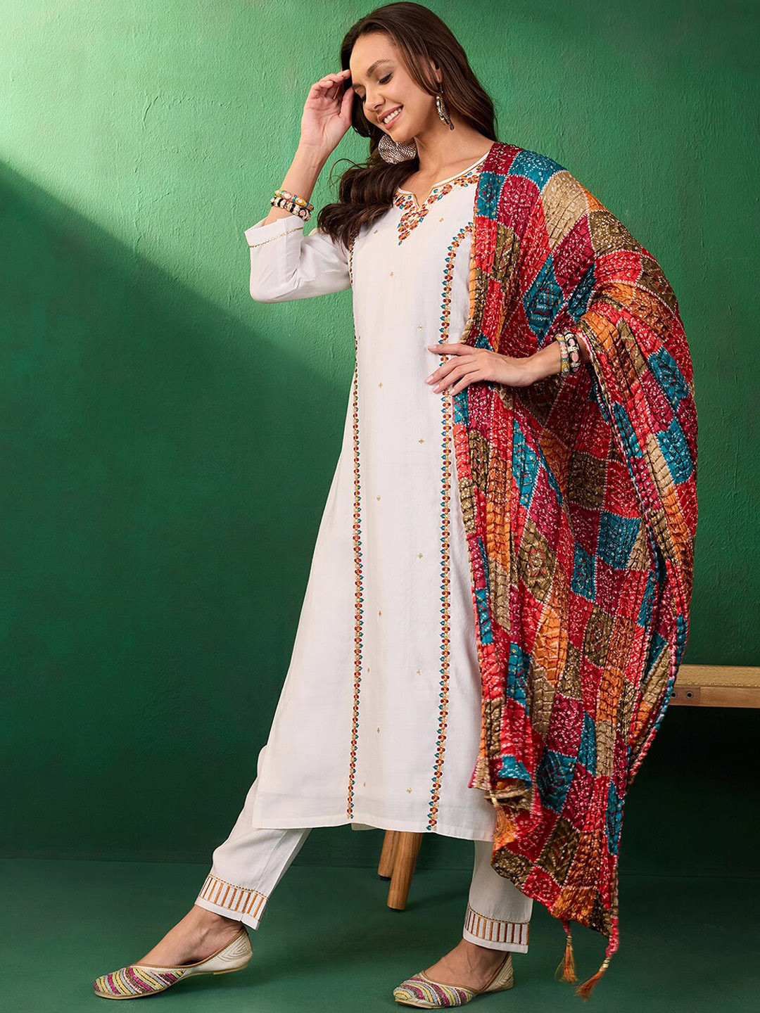 Sangria Sequence & Zari Embroidered Round Neck Panelled Kurta With Trousers & Dupatta
