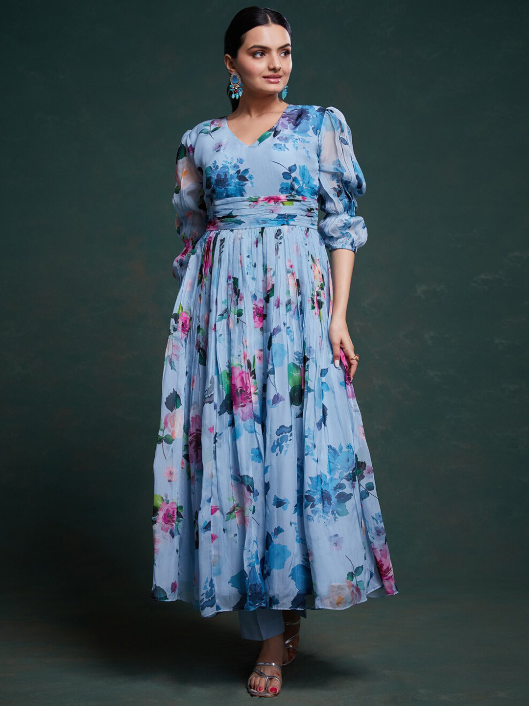 Fusionic Floral Printed Puffed Sleeves Anarkali Kurta with Trousers