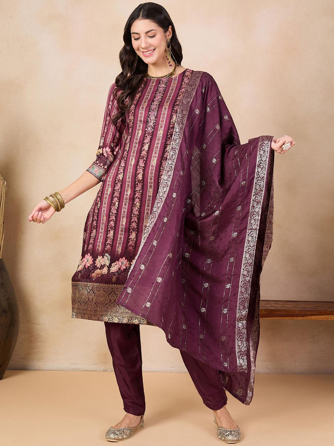 Anouk Magenta Floral printed Sequined Pure Silk Kurta With Trousers & Dupatta