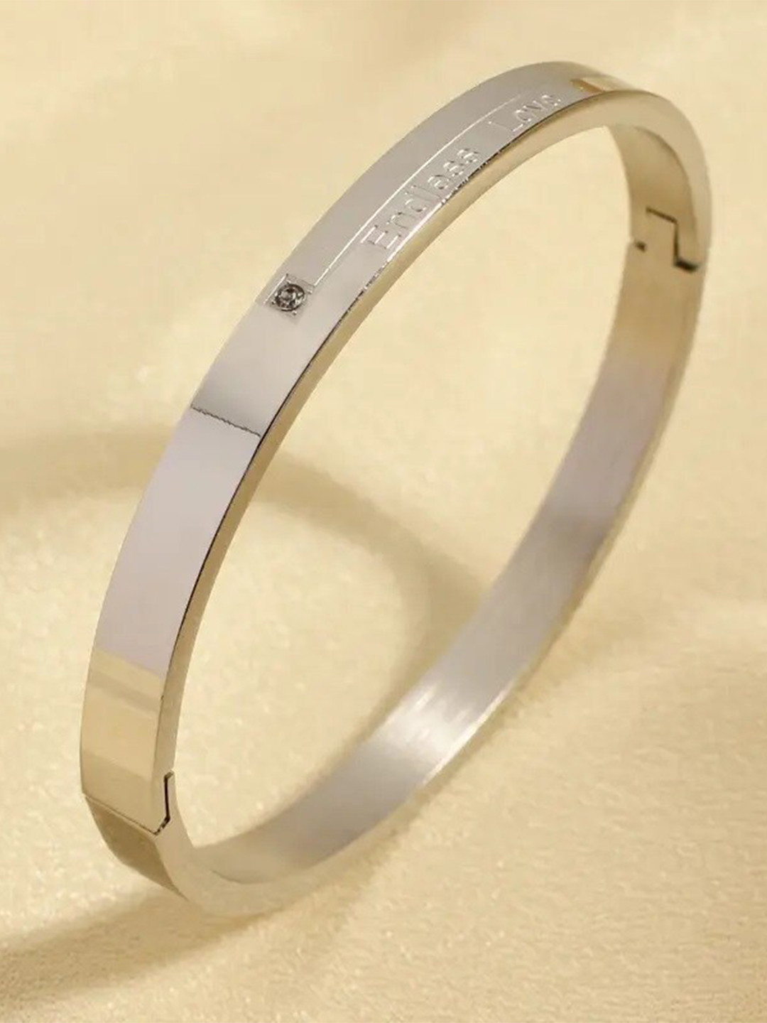 MEENAZ Men Silver-Plated Stainless Steel American Diamond Studded Antique Kada Bracelet