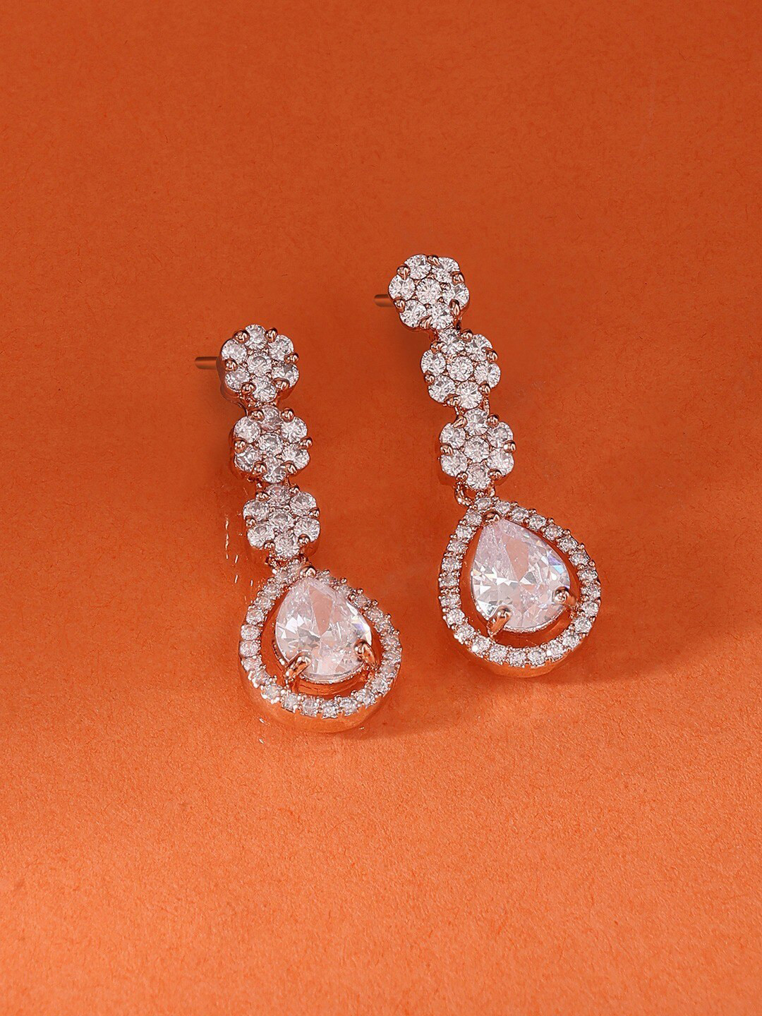 AMI Rose Gold-Plated Cubic Zirconia-Studded Teardrop Shaped Drop Earrings