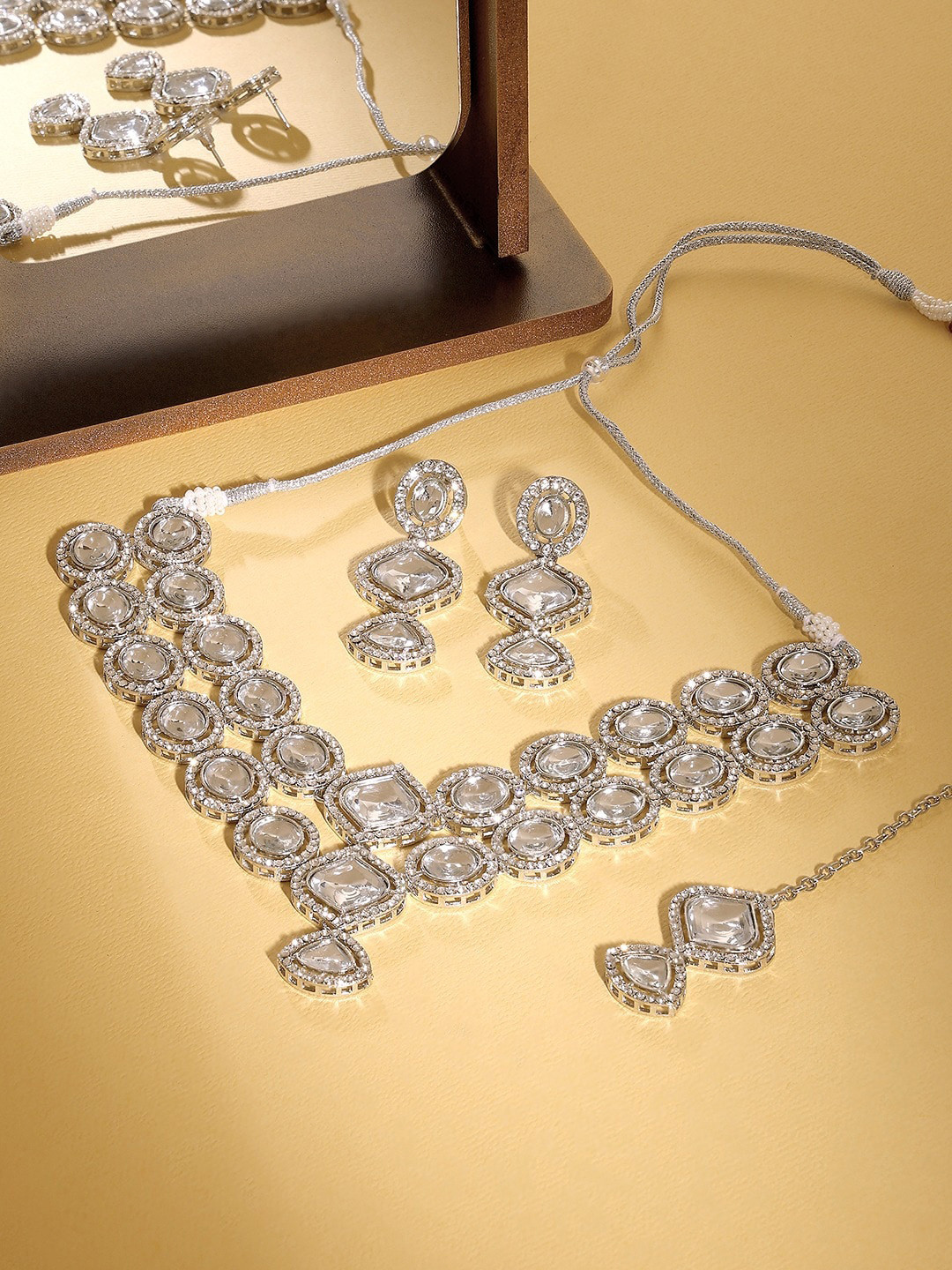 AMI Silver-Plated Stones Studded Necklace With Earrings & Maang Tika