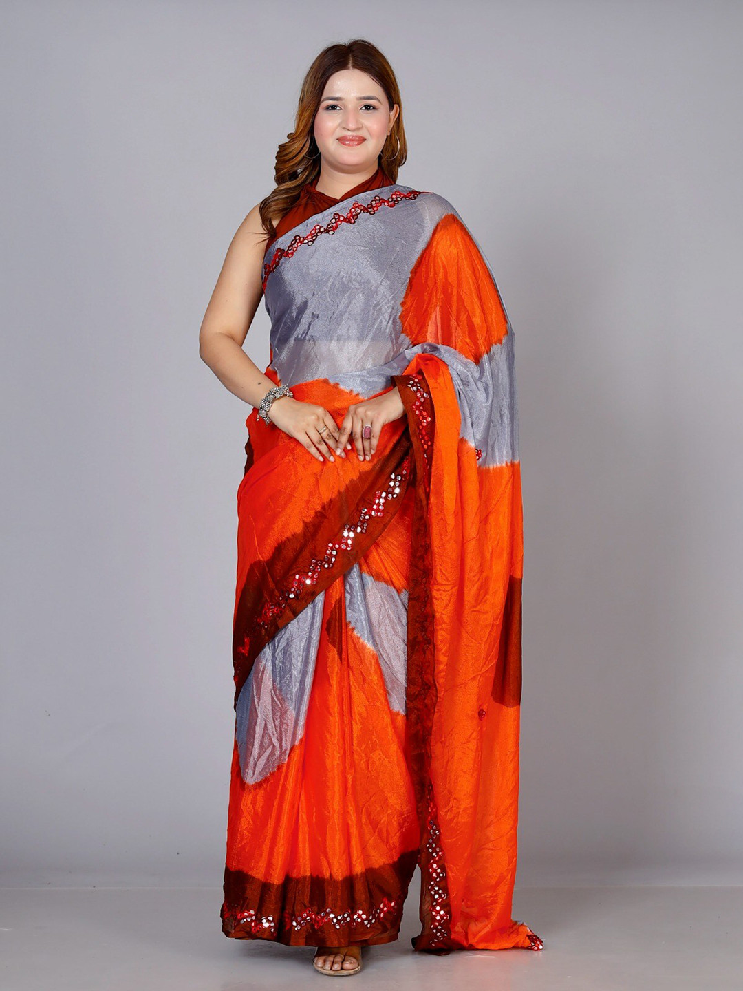 VL SAREES Mirror Work Block Print Saree