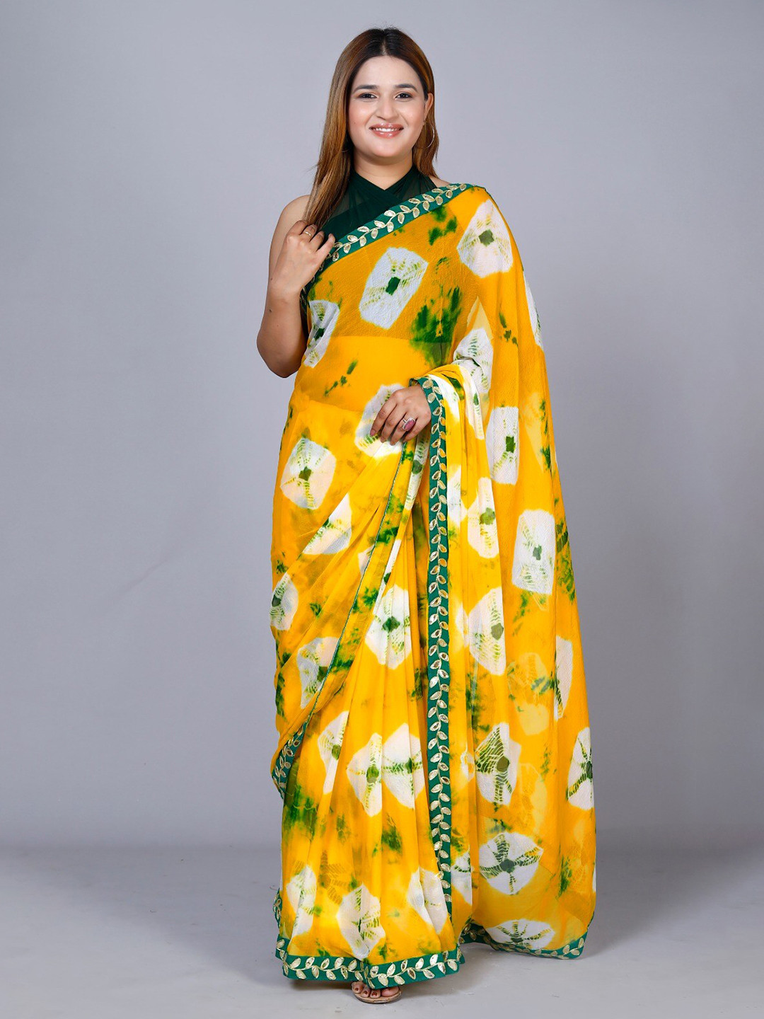 VL SAREES Batik Gotta Patti Pure Chiffon Bandhani Saree