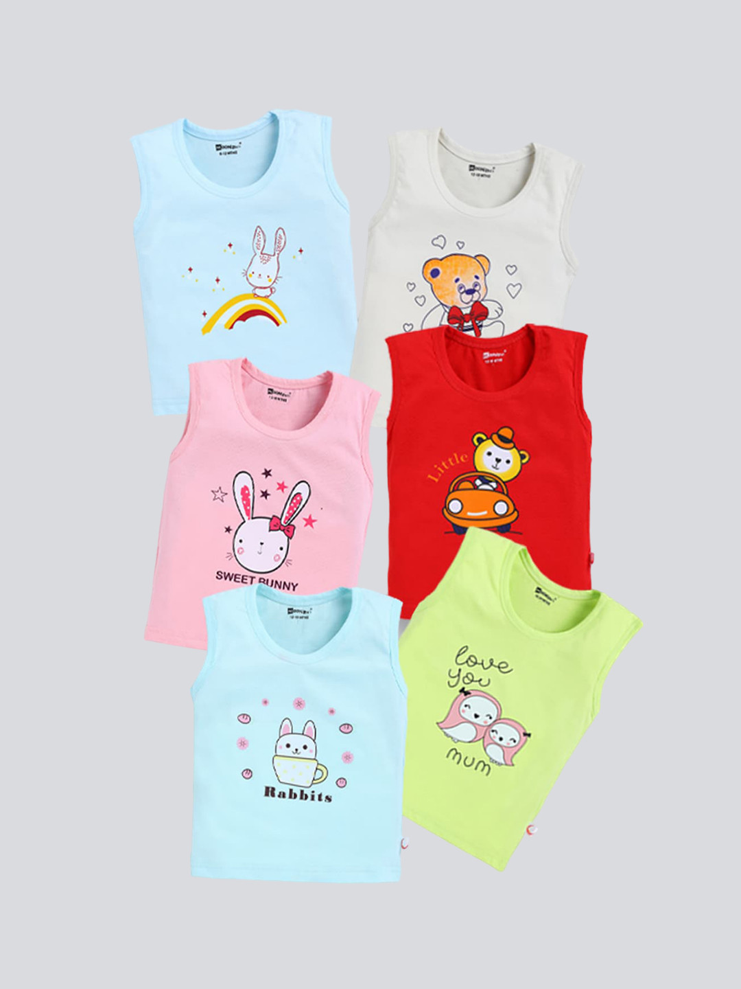 MooNKids Kids Pack Of 6 Printed Cotton Vests MK_Vest_62
