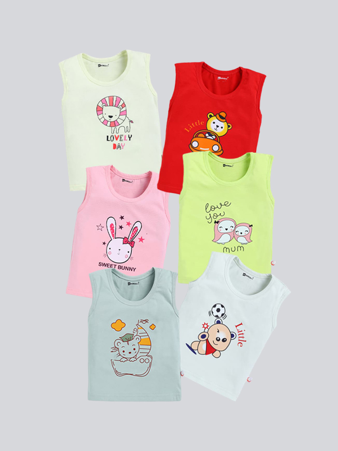 MooNKids Kids Pack Of 6 Printed Cotton Innerwear Vests- MK_Vest_69