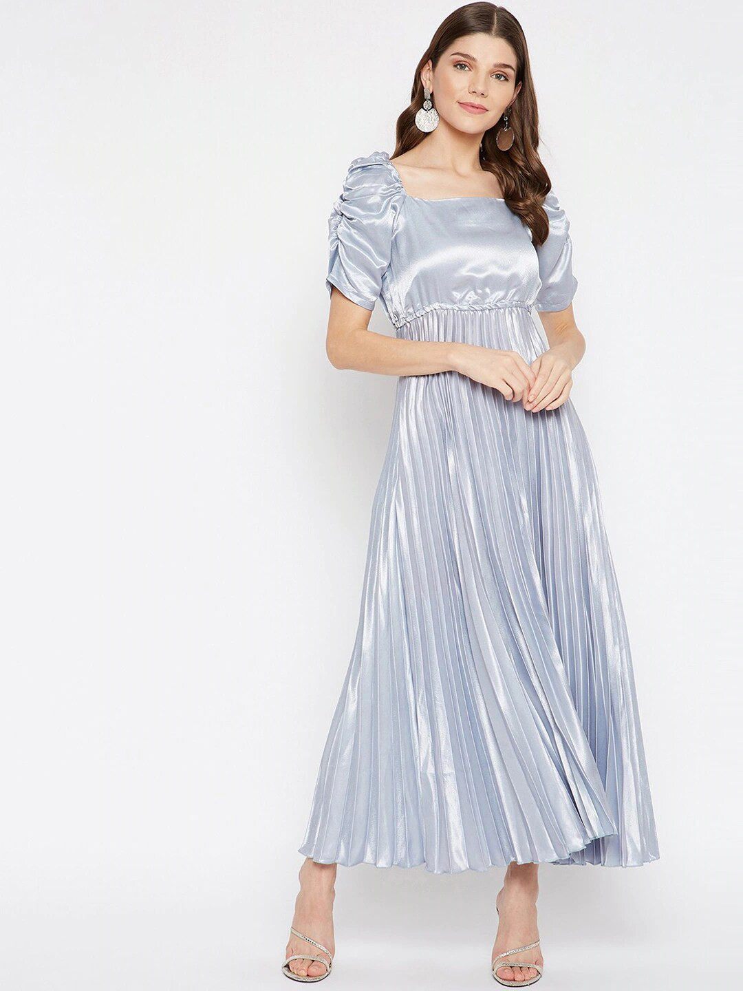 U&F Grey Square Neck Puff Sleeve Accordion Pleats Maxi Dress