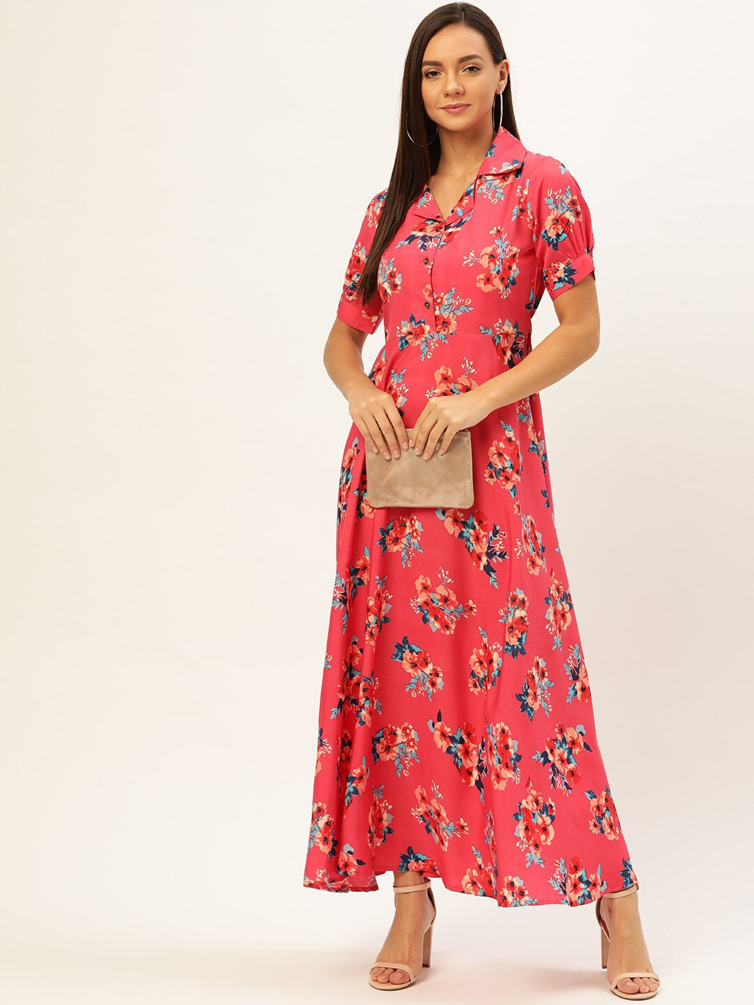 U&F Pink Floral Printed Shirt Collar Cuffed Sleeve Maxi Dress
