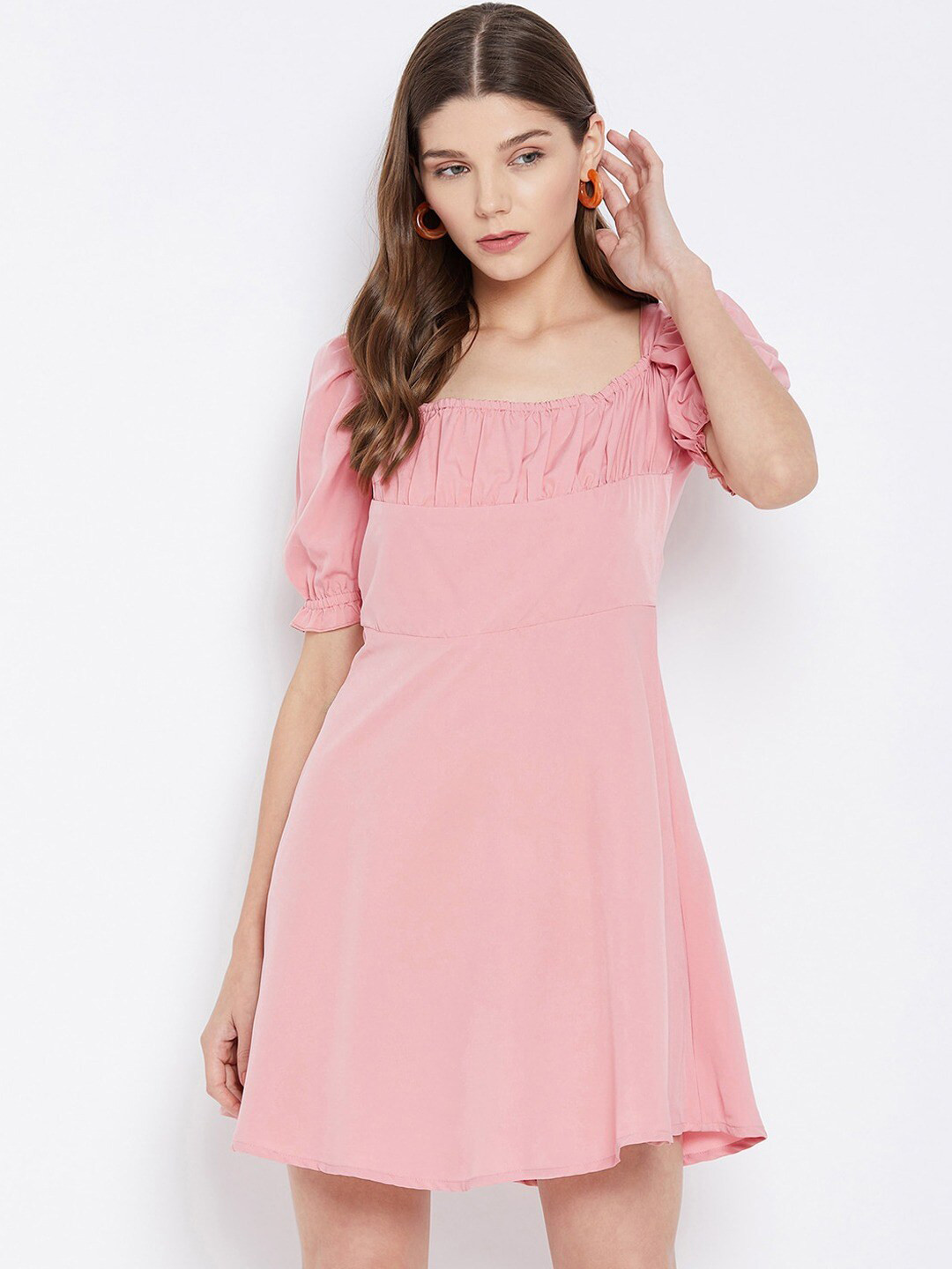 U&F Puff Sleeve Crepe Fit & Flare Mini Dress