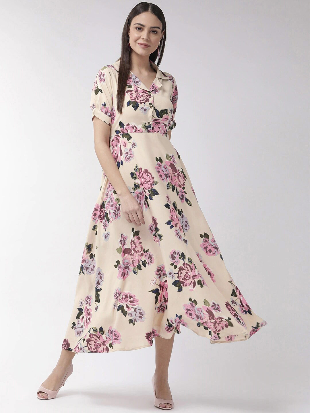 U&F Cream Coloured Floral Printed Shirt Collar Puff Sleeve Fit & Flare Dress
