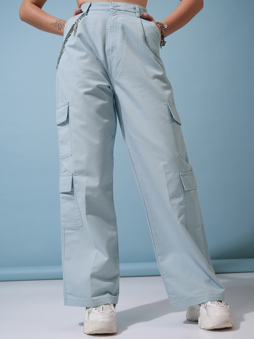 Tokyo Talkies Blue Women Mid-Rise Wide Leg Cotton Utility Cargo Trousers