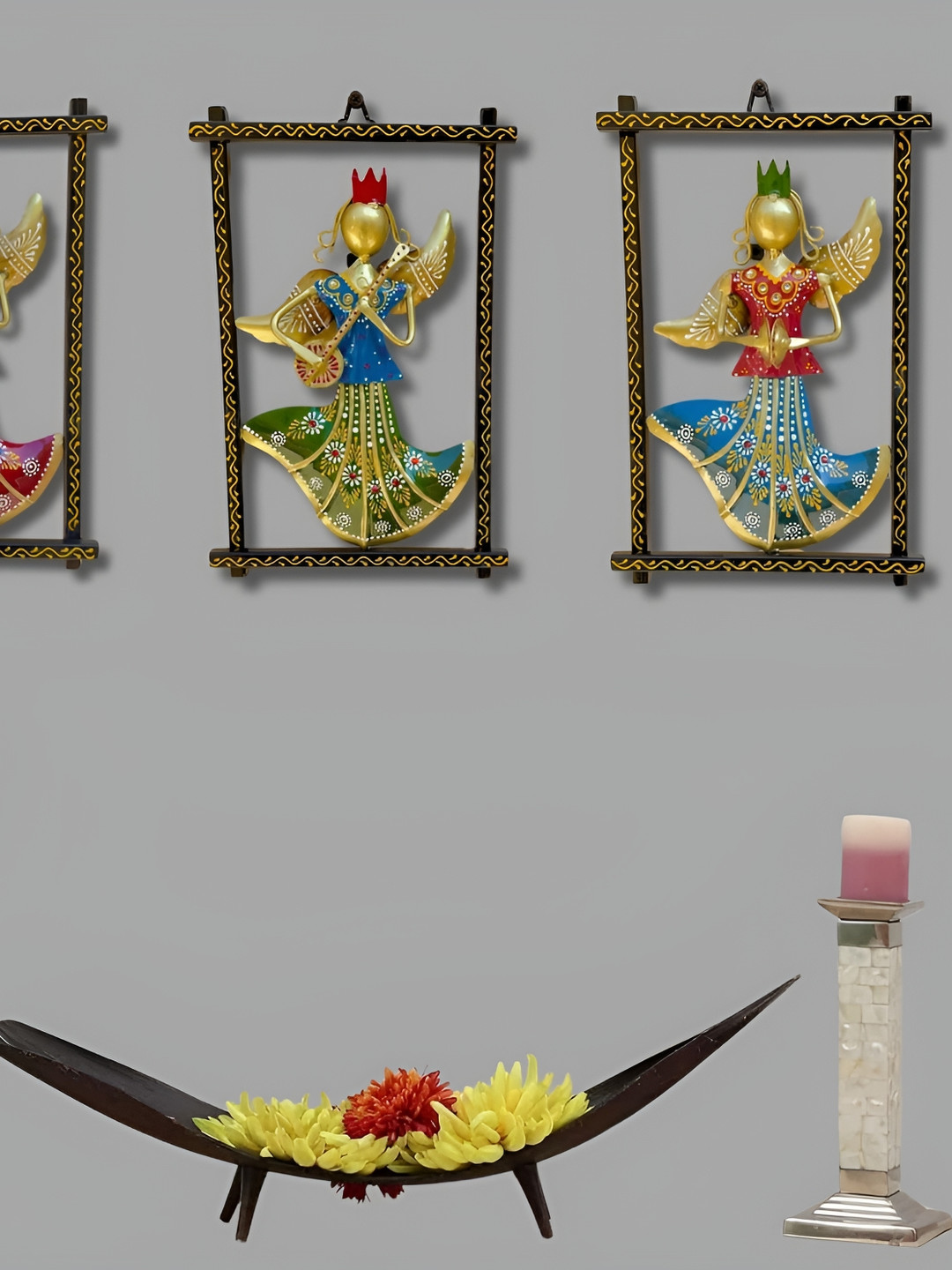 PRANJALS HOUSE 3 Pari Metal Floral Glossy Hanging Hall 3Pcs Wall Hangings-12In