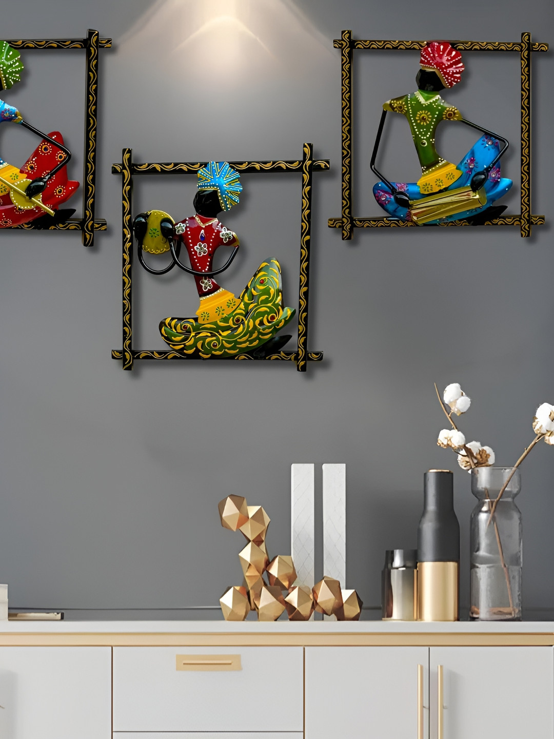 PRANJALS HOUSE Durable Metal Ethnic Motifs Glossy Hall 3Pcs Wall Hangings-9In