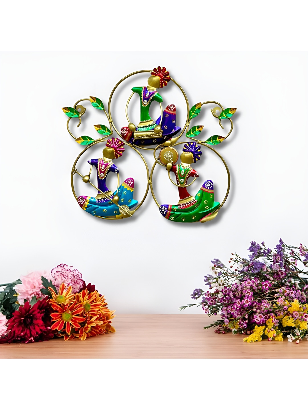 PRANJALS HOUSE Musician Doll Frame Metal Ethnic Motifs Glossy Hall Wall Hangings-15In