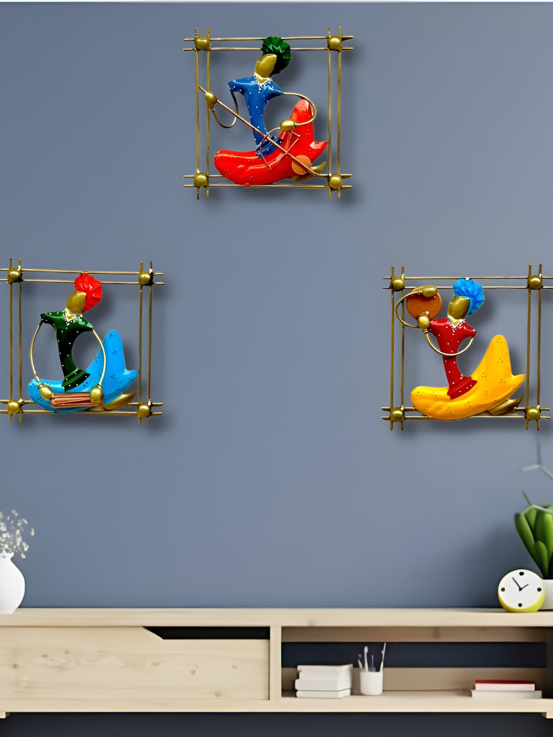 PRANJALS HOUSE Metal Musician Ethnic Motifs Glossy Hanging Hall 3Pcs Wall Hangings-8.5In