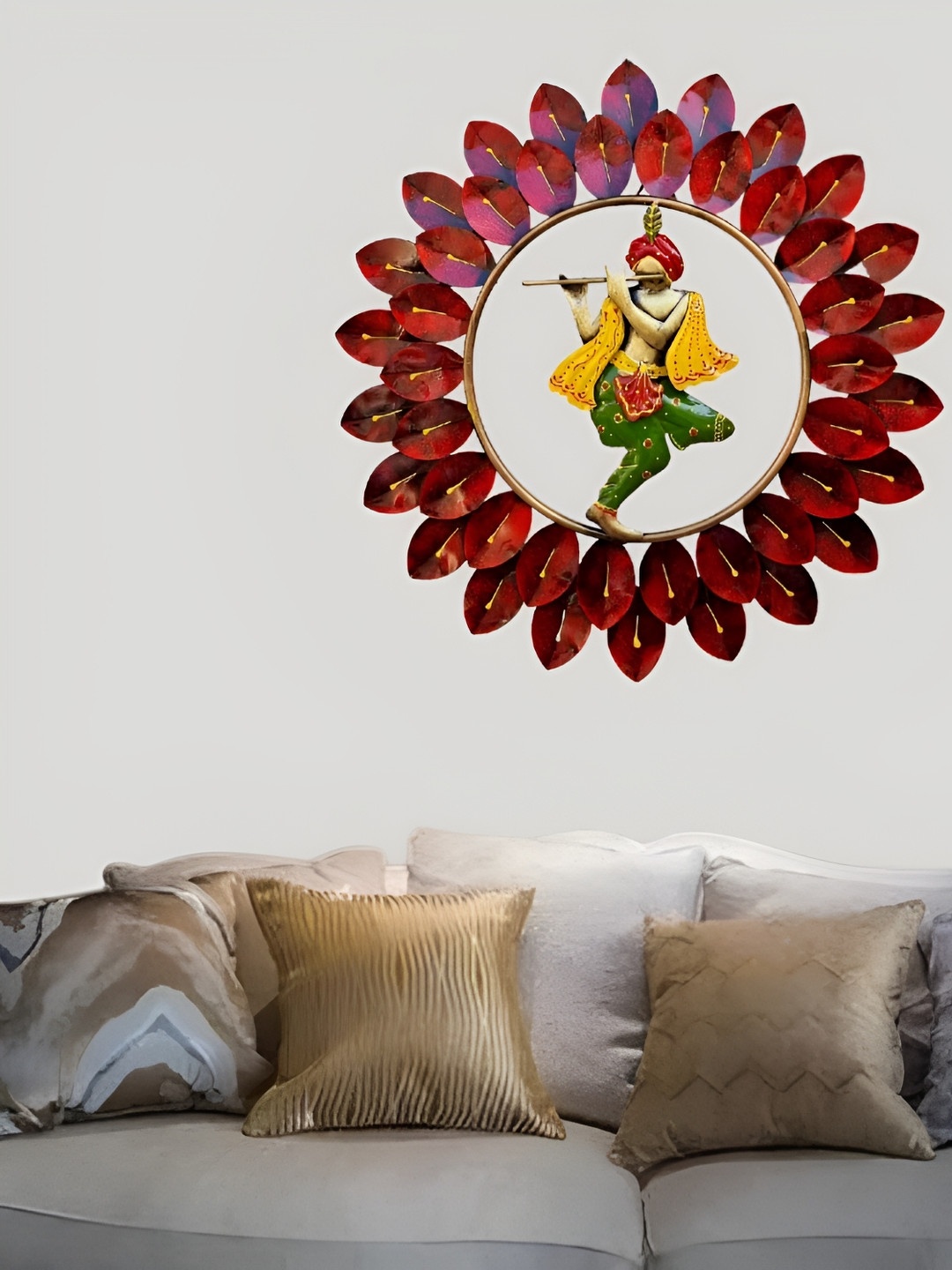 PRANJALS HOUSE Antique Krishna Playing Basuri Metal Glossy Spiritual Wall Decor-22In