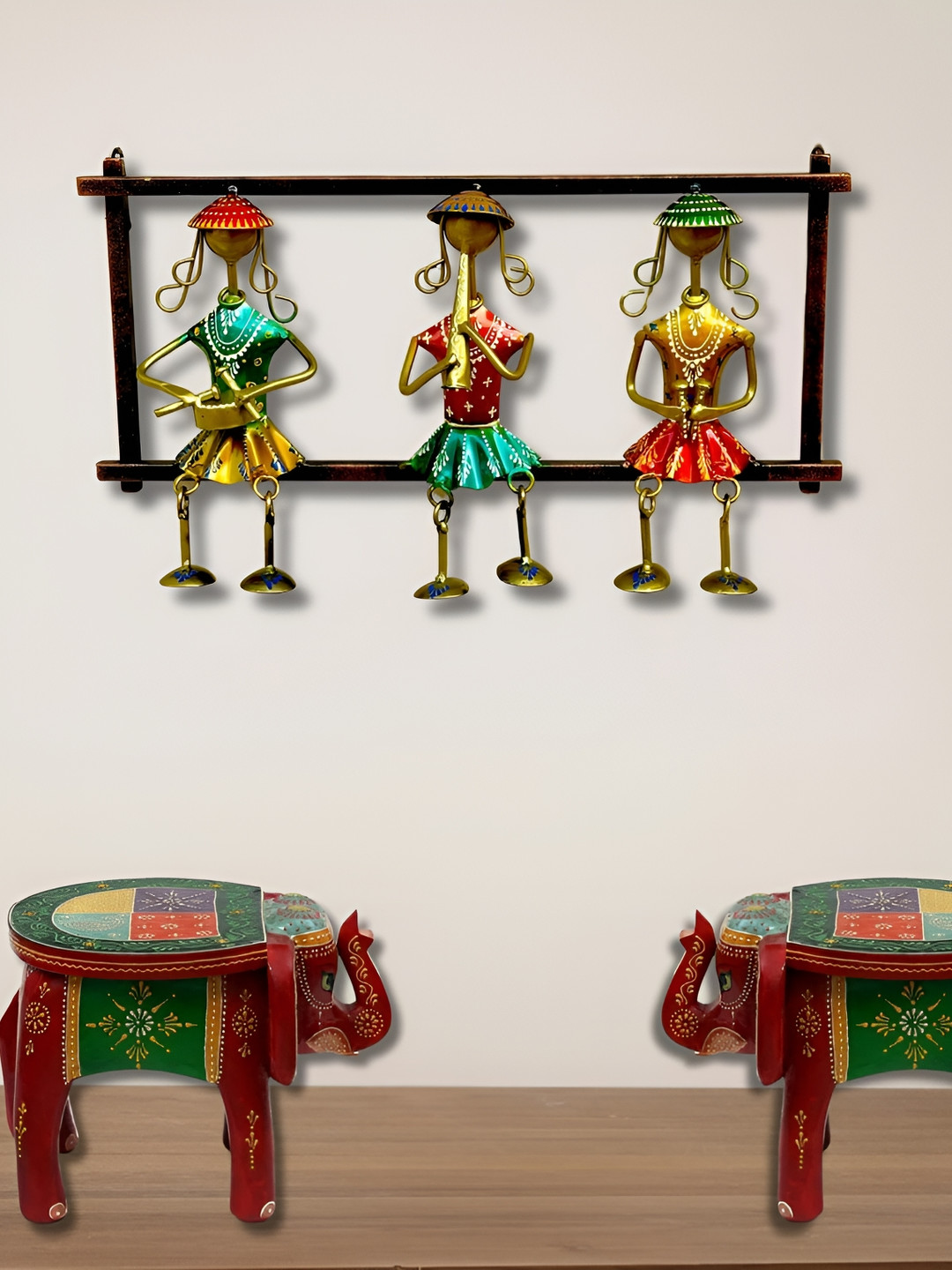 PRANJALS HOUSE 3 musician doll Metal Ethnic Motifs Glossy Hall 3Pcs Wall Hangings-9.5In