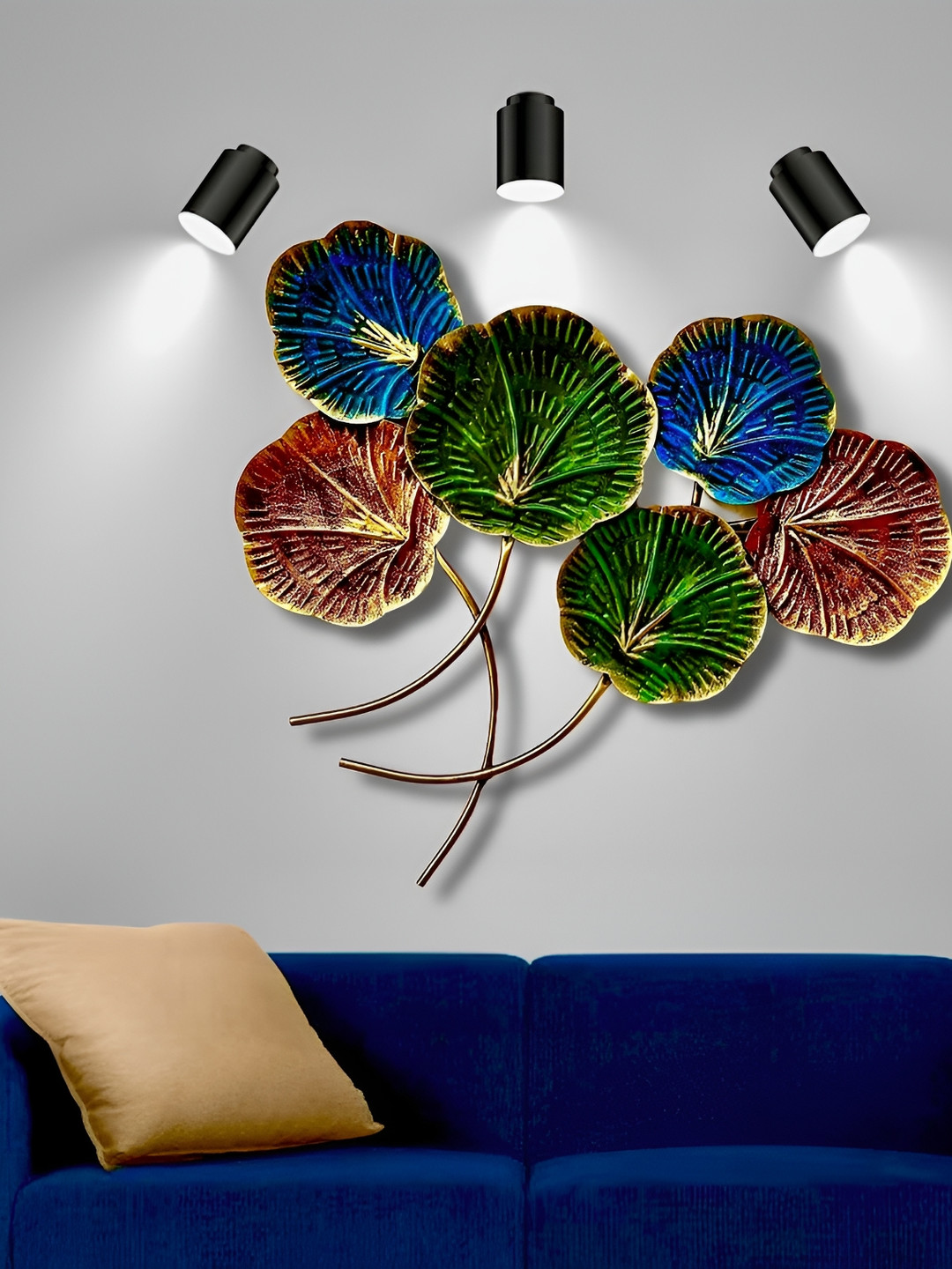 PRANJALS HOUSE Green & Blue Lotus Petal Leaves Metal Hangings Wall Decor