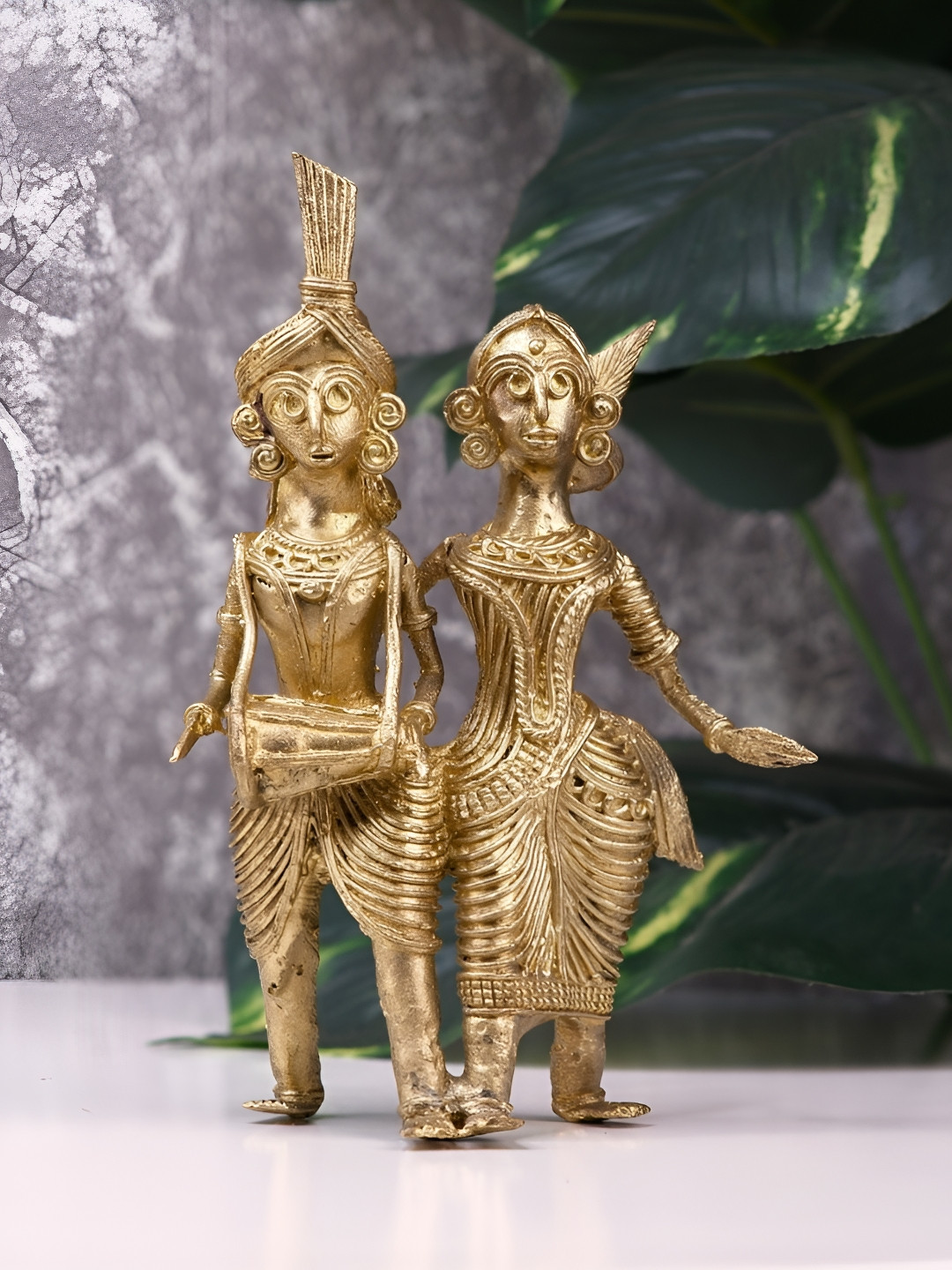SOWPEACE Dhokra Tribal Couple with Dhol Gold Brass Metallic Living Room Small Showpiece - 6.7 Inches