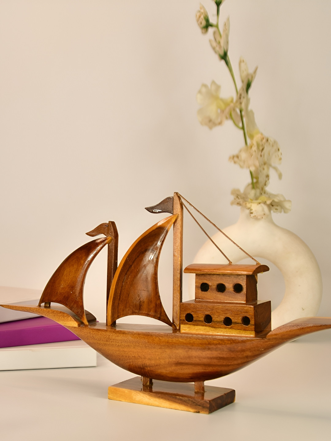 SOWPEACE House Boat Brown Wood Natural Living Room Hand-Crafted Small Showpiece - 7.1 Inches