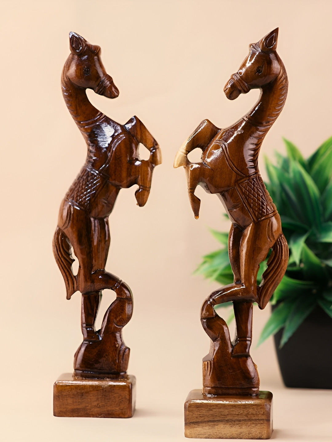 SOWPEACE Jumping Horse Brown Wood Natural Living Room Set of 2 Medium Showpieces - 1.9 Inches