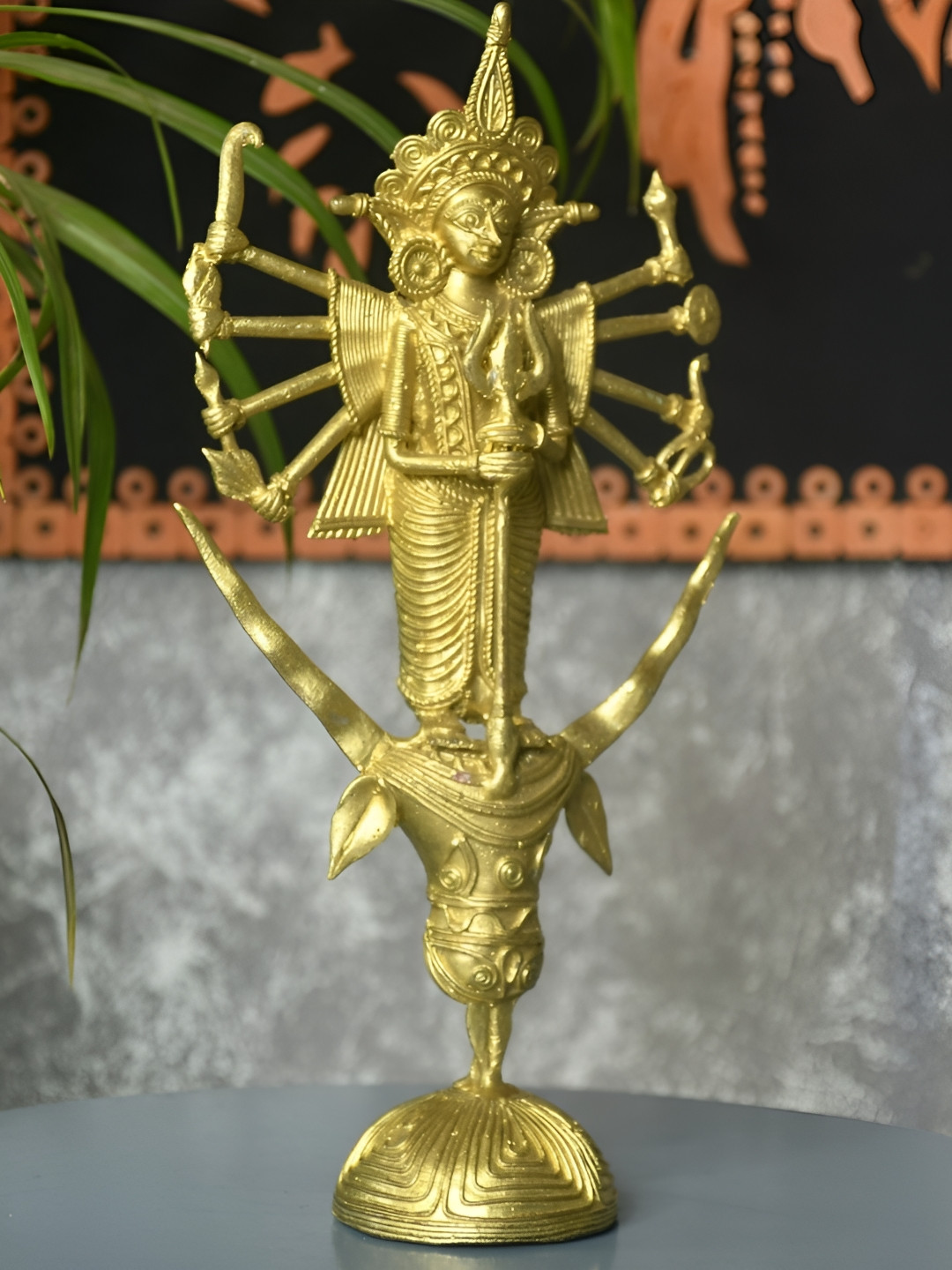 SOWPEACE Dhokra Maa Durga Mahisasur Gold Brass Metallic Prayer Room Medium Showpiece - 2.4 Inches