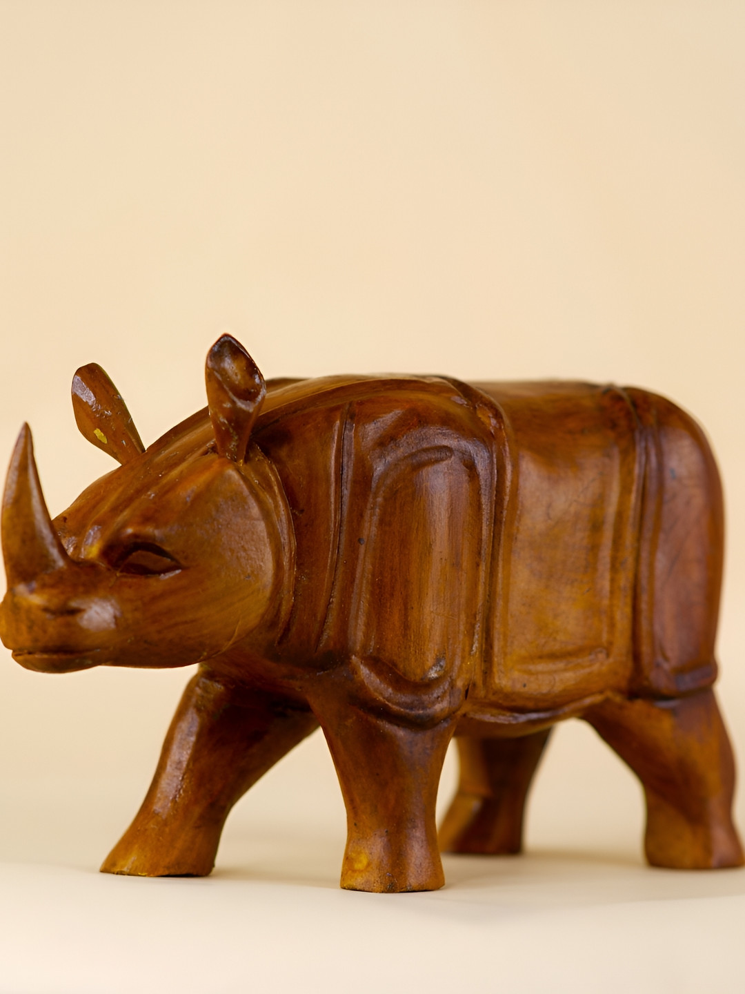 SOWPEACE Rhino Brown Wood Natural Living Room Large Showpiece - 3.9 Inches