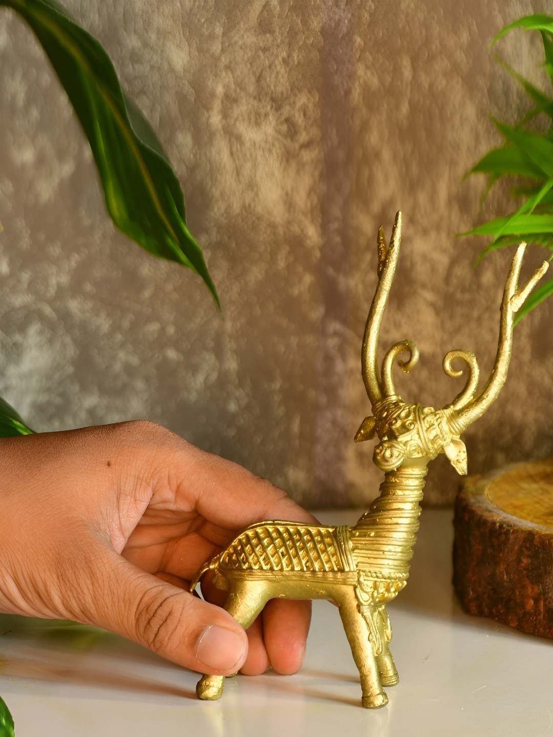 SOWPEACE Dokra Deer Standing Gold Brass Metallic Living Room Small Showpiece - 6.5 Inches