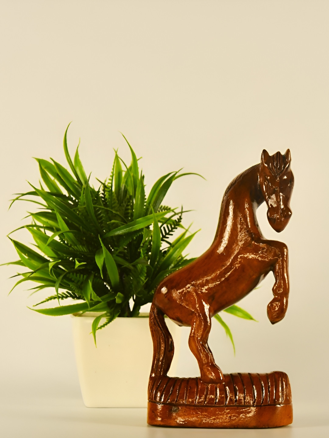 SOWPEACE Racing Horse Brown Wood Natural Living Room Medium Showpiece - 7.5 Inches