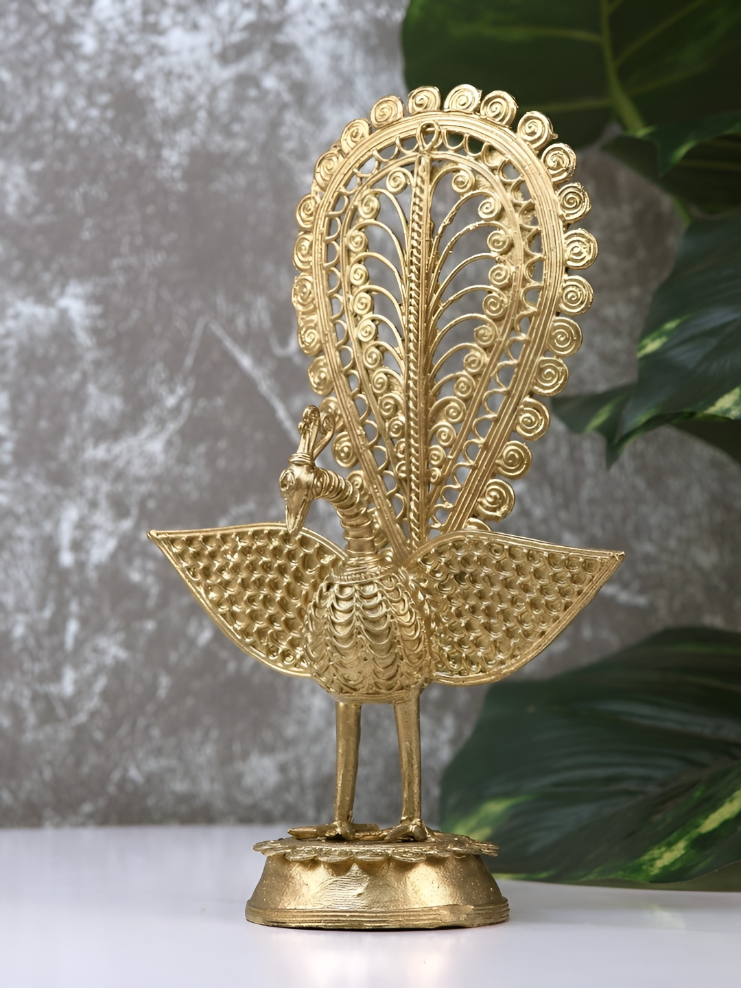SOWPEACE Dokra Peacock Gold Brass Natural Living Room Large Showpiece - 8.4 Inches