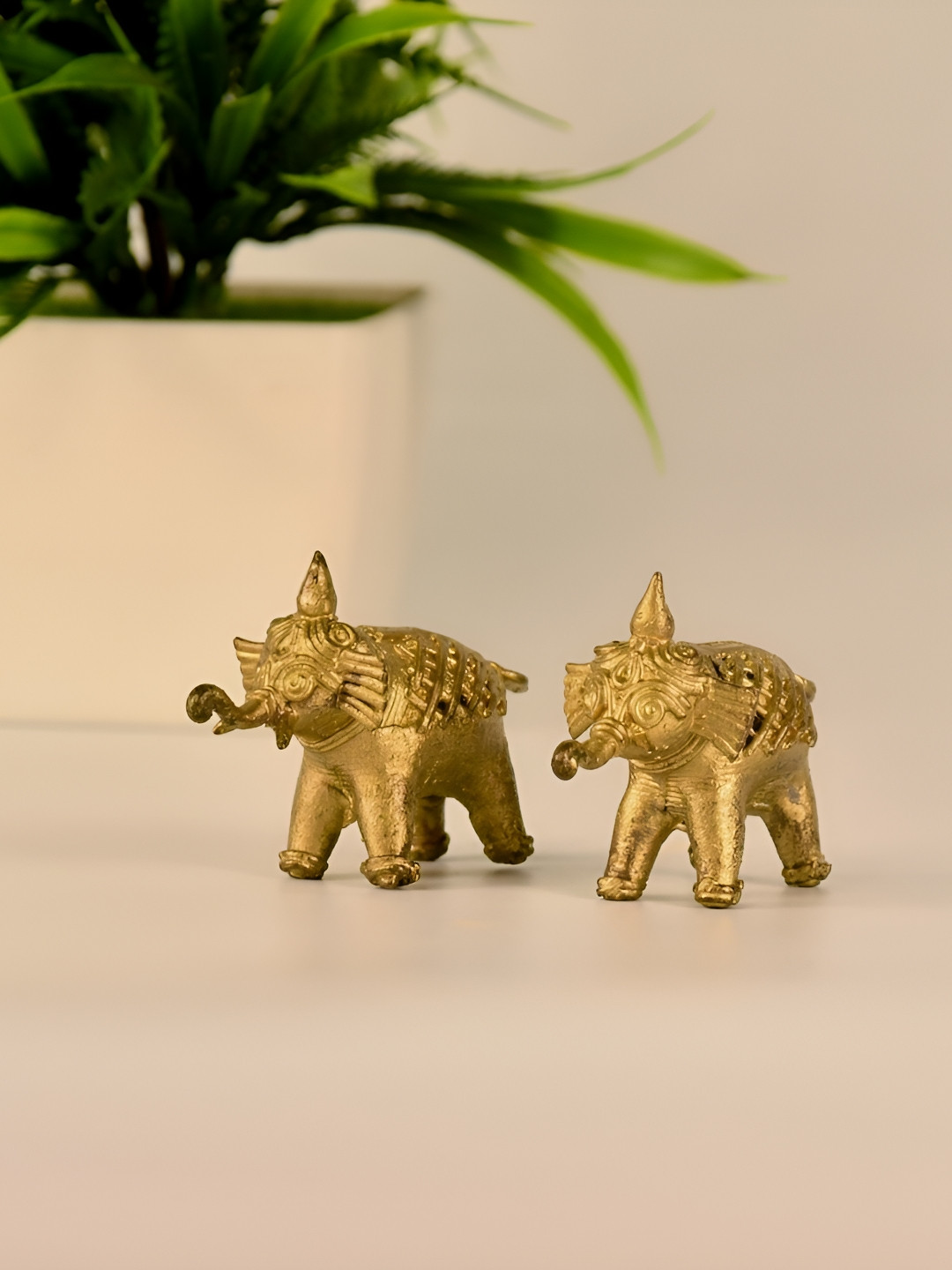 SOWPEACE Dokra Elephant Gold Brass Metallic Living Room Set of 2 Small Showpieces - 1.6 Inches