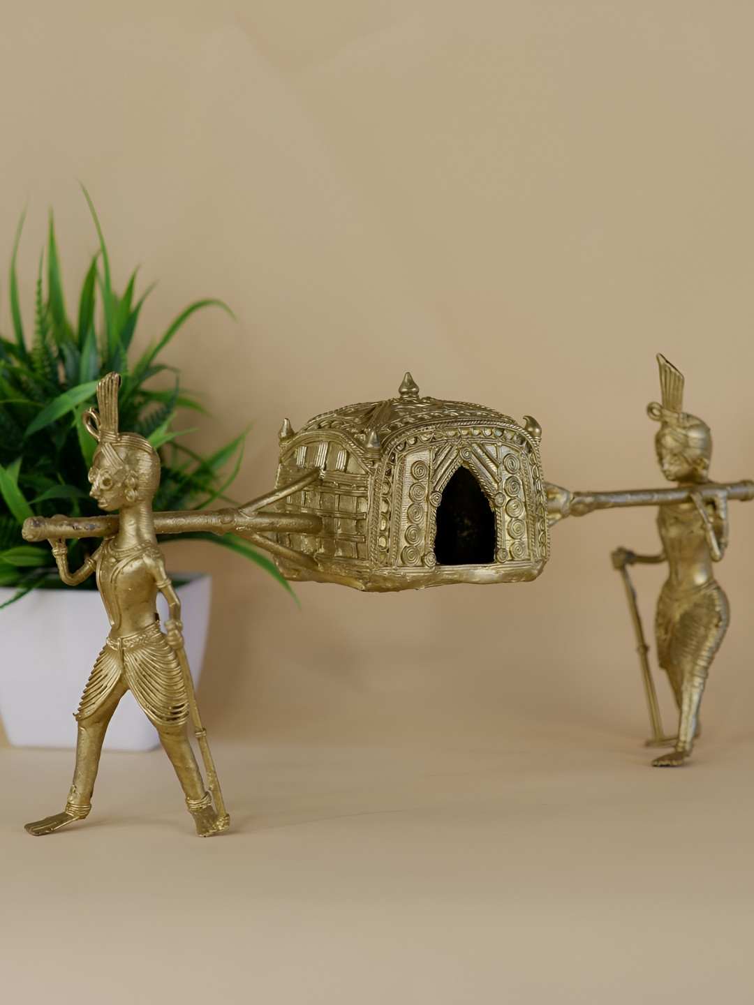 SOWPEACE Dhokra Palki Gold Brass Metallic Living Room Large Showpiece - 6.7 Inches