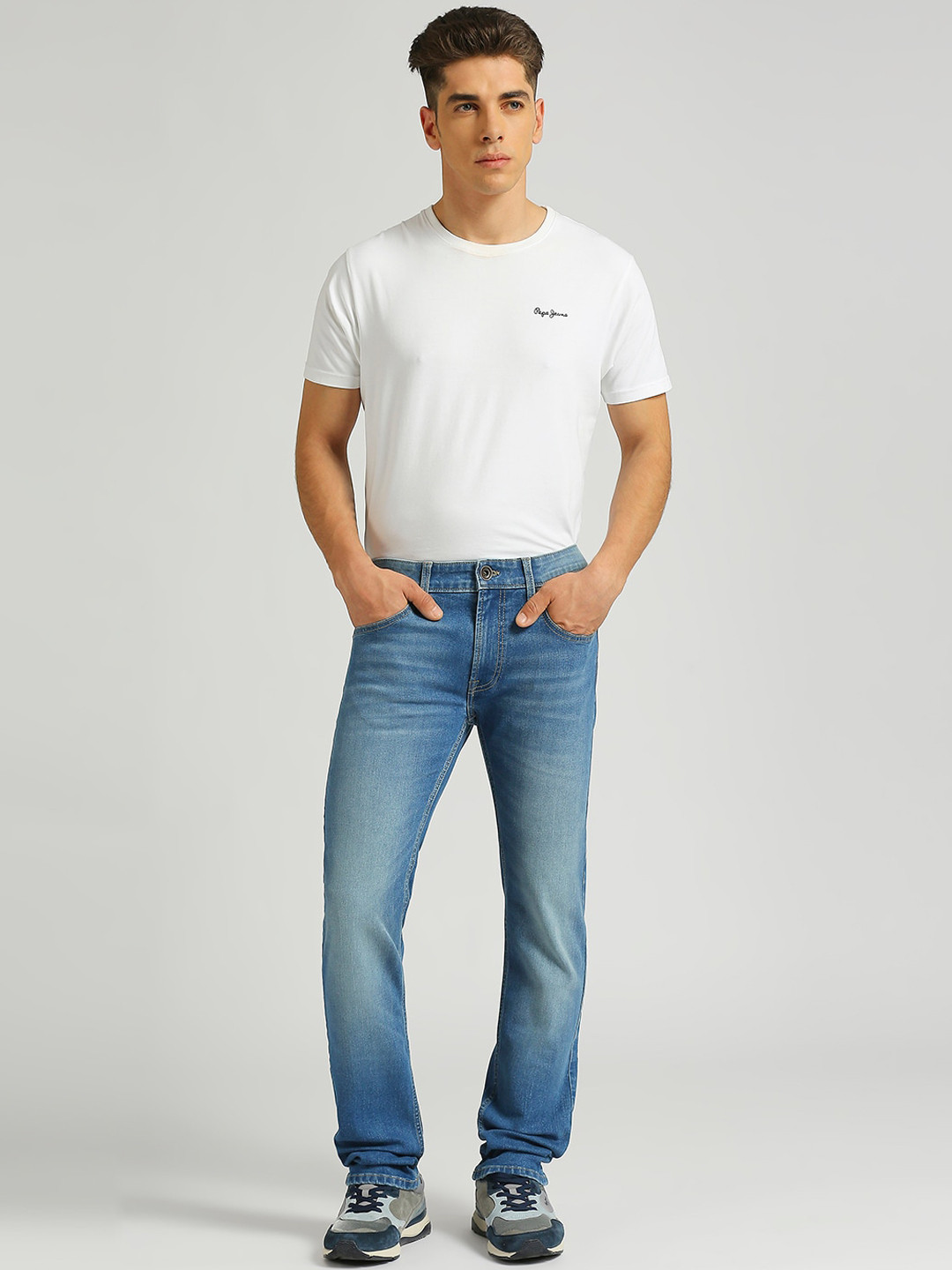 Pepe Jeans Men Slim Fit Mid-Rise Heavy Fade Medium Shade Clean Look Stretchable Jeans