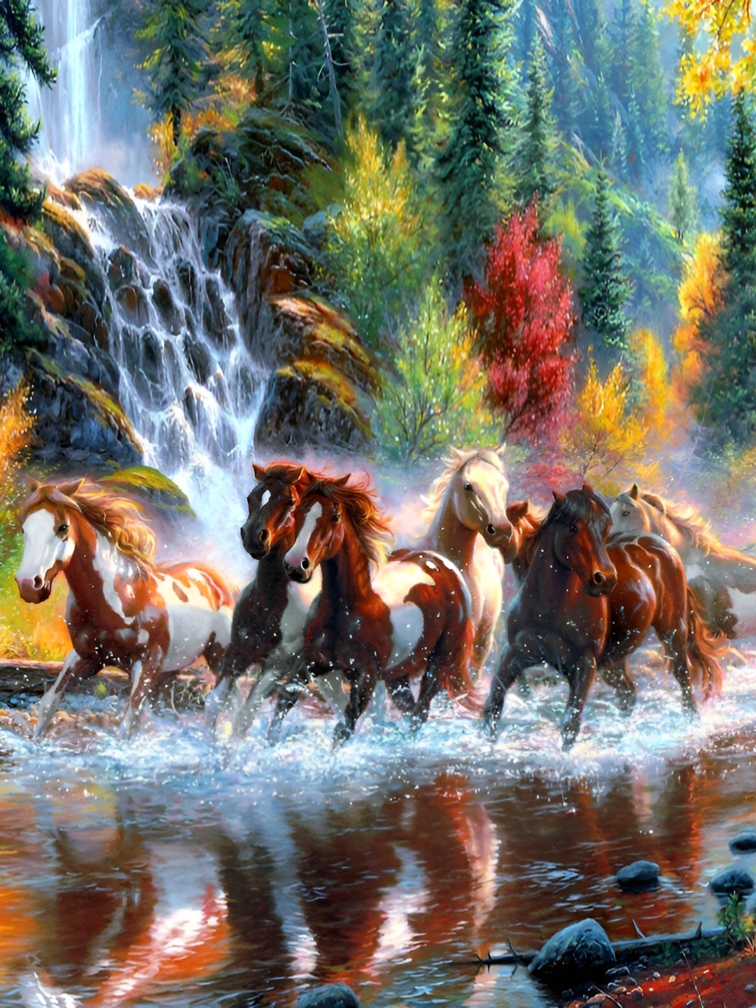 Wallpics Brown & Green Seven Running Horse Printed Waterproof Wall Poster