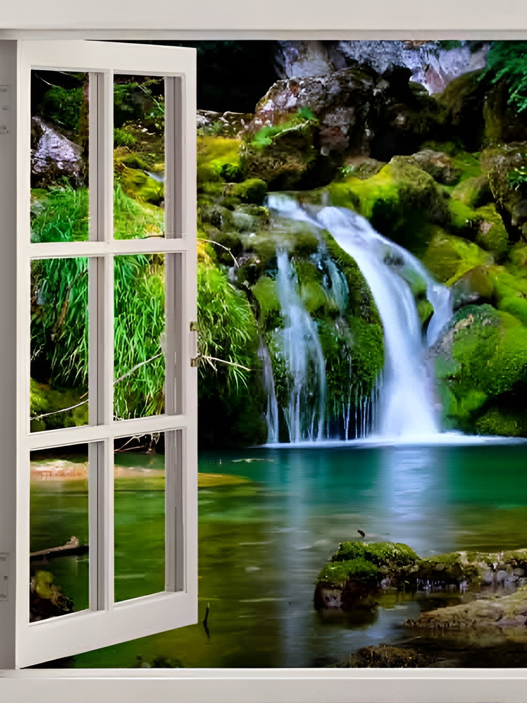 Wallpics Green & White Waterfall Wall Poster