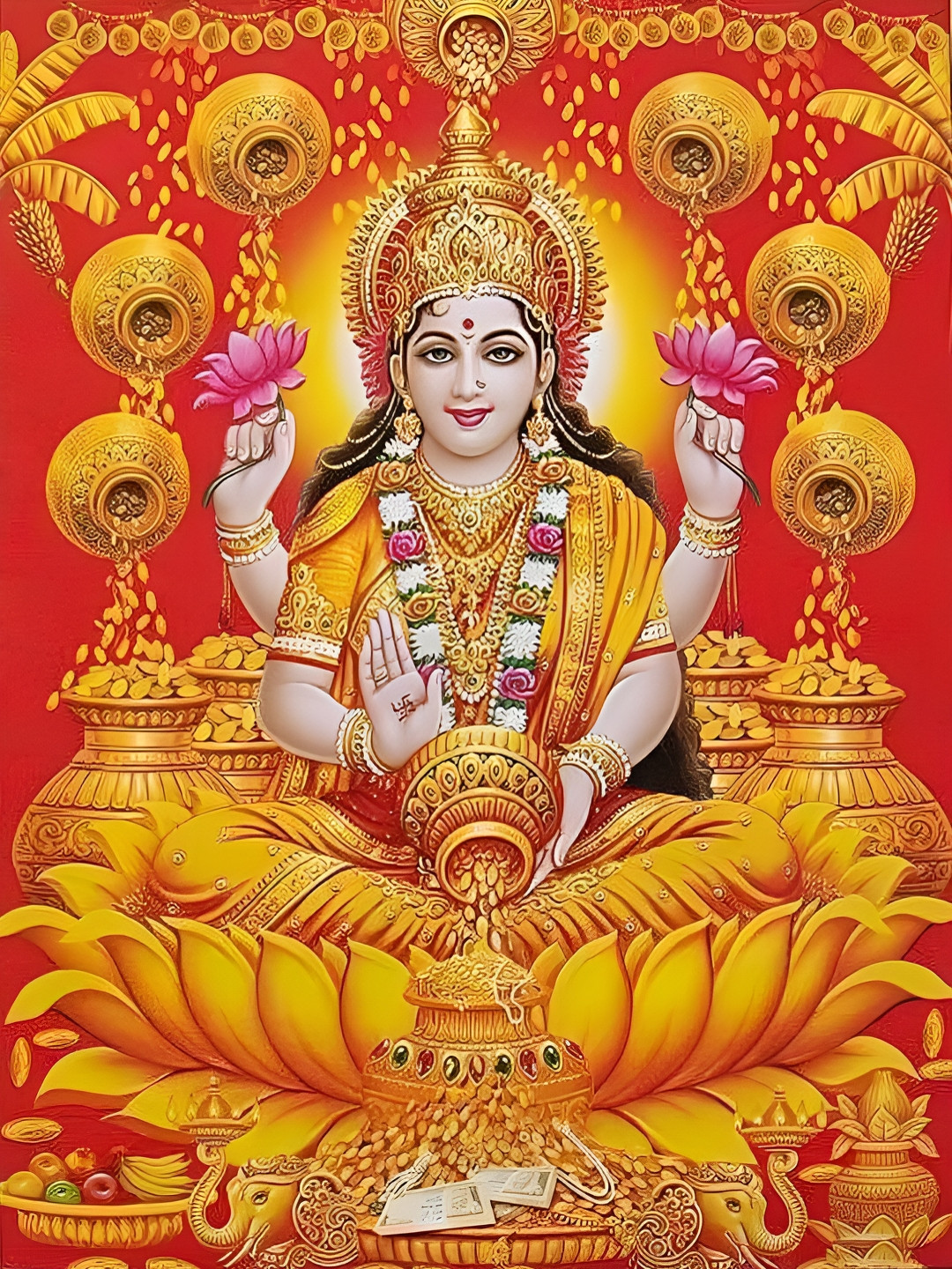 Wallpics Yellow & Red Lakshmi Printed Religious  Wall Poster