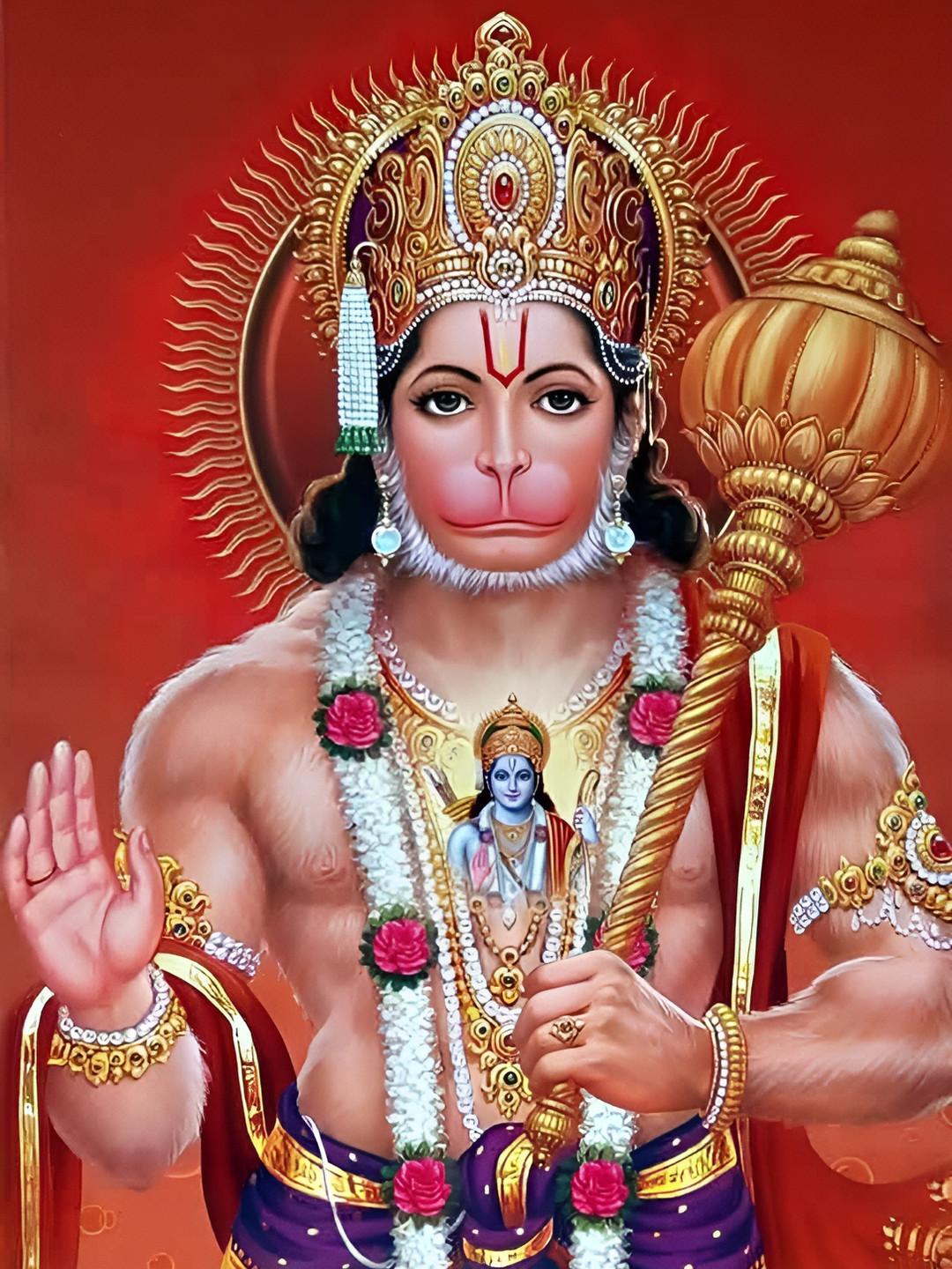 Wallpics Peach & Gold Toned Lord Hanuman Ji Painting Wall Poster